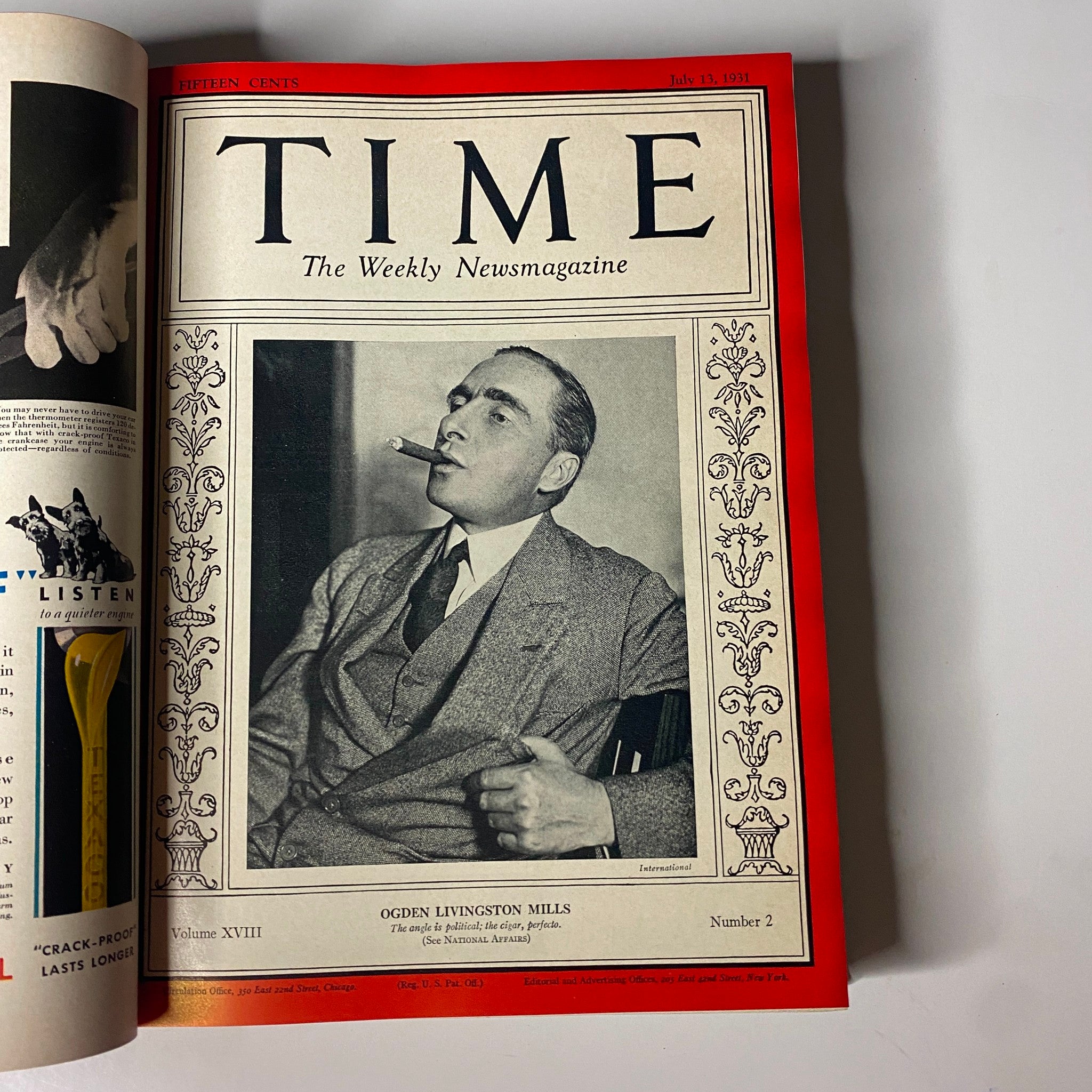 Cover of Time Magazine dated July 13, 1931, featuring Ogden Livingston Mills, included in the Time Magazine Library Bound from July 6 to September 28, 1931.