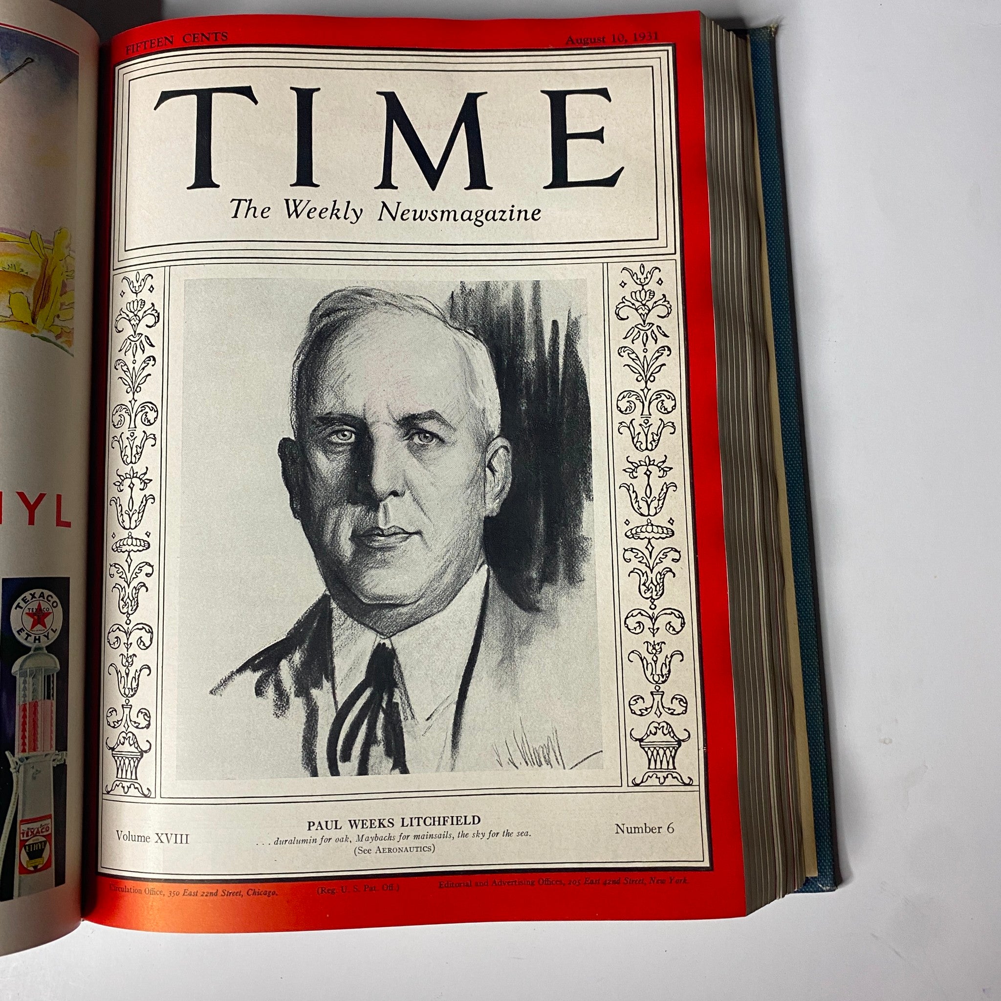 Cover of Time Magazine, August 10, 1931, featuring Paul Weeks Litchfield, from the Time Magazine Library Bound July 6-September 28, 1931 Nikola Tesla.