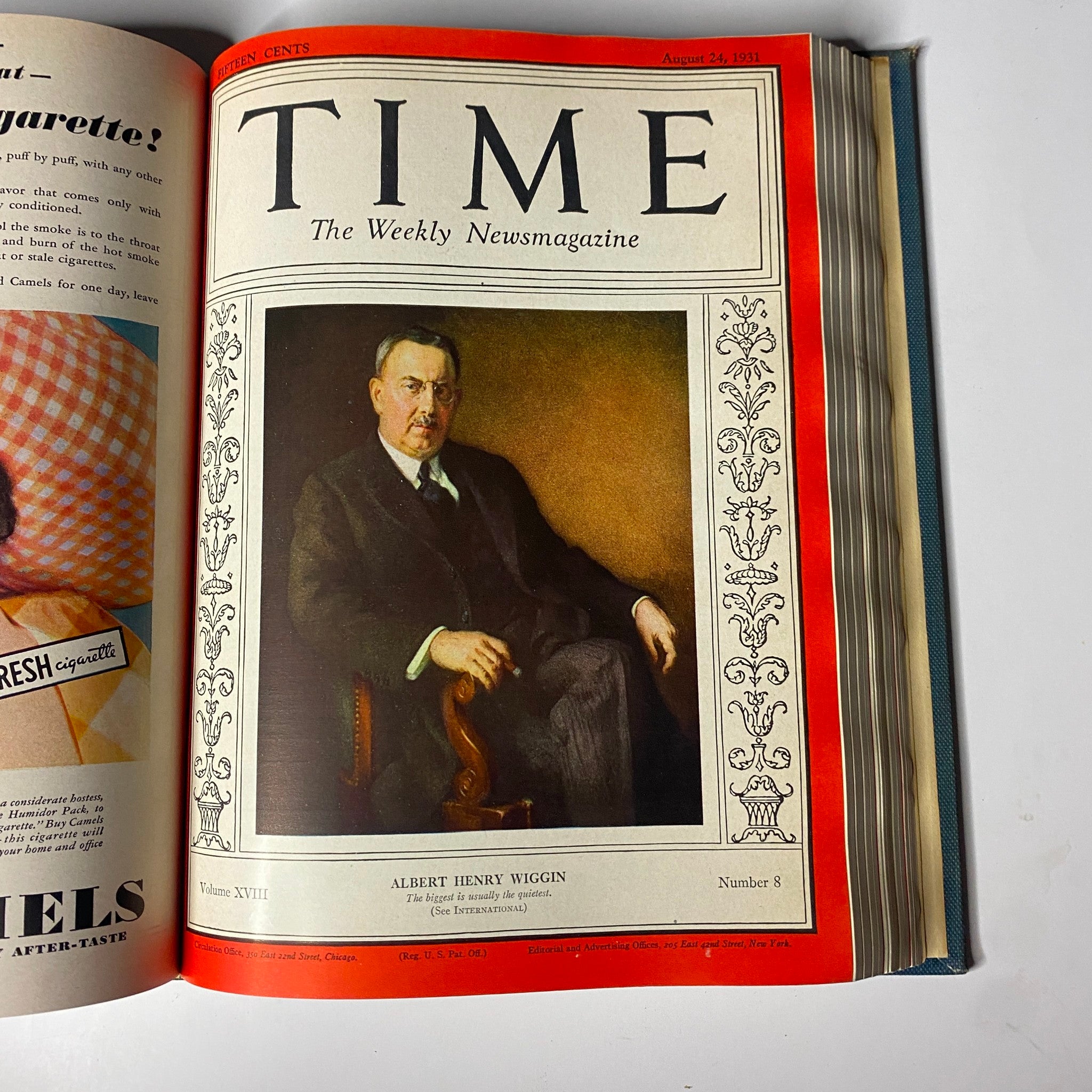 Cover of Time Magazine, August 24, 1931, featuring Albert Henry Wiggin, from the Time Magazine Library Bound July 6-September 28, 1931 Nikola Tesla.