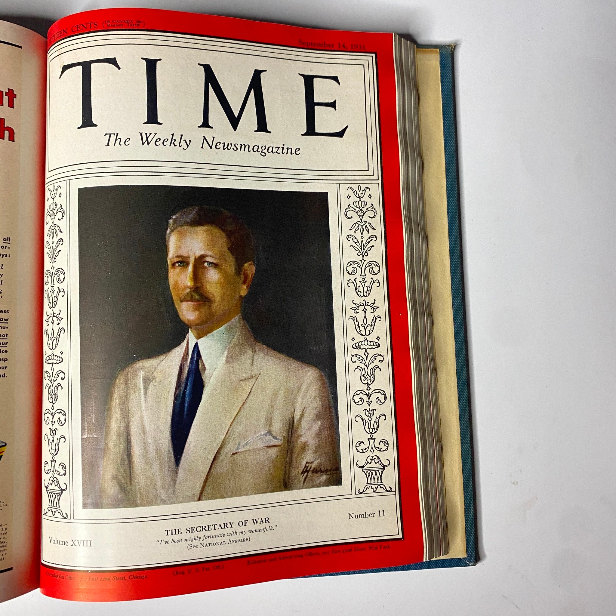 Cover of Time Magazine dated September 14, 1931, showcasing the Secretary of War, as part of the Time Magazine Library Bound July 6-September 28, 1931 Nikola Tesla.
