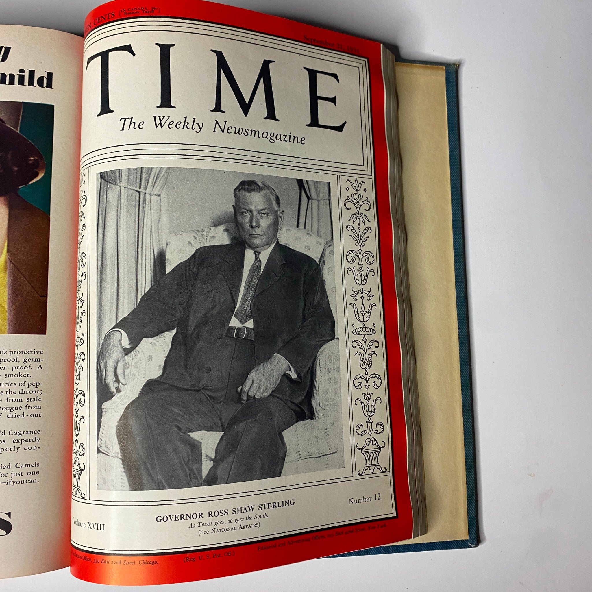 Cover of Time Magazine dated September 21, 1931, depicting Governor Ross Shaw Sterling, featured in the Time Magazine Library Bound July 6-September 28, 1931 Nikola Tesla.