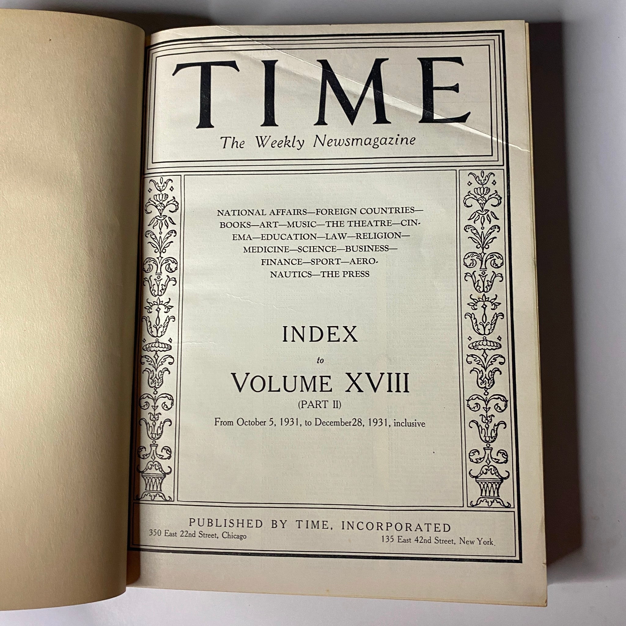 Interior view of the Time Magazine Library Bound collection, featuring the index page for Volume XVIII from October 5 to December 28, 1931.