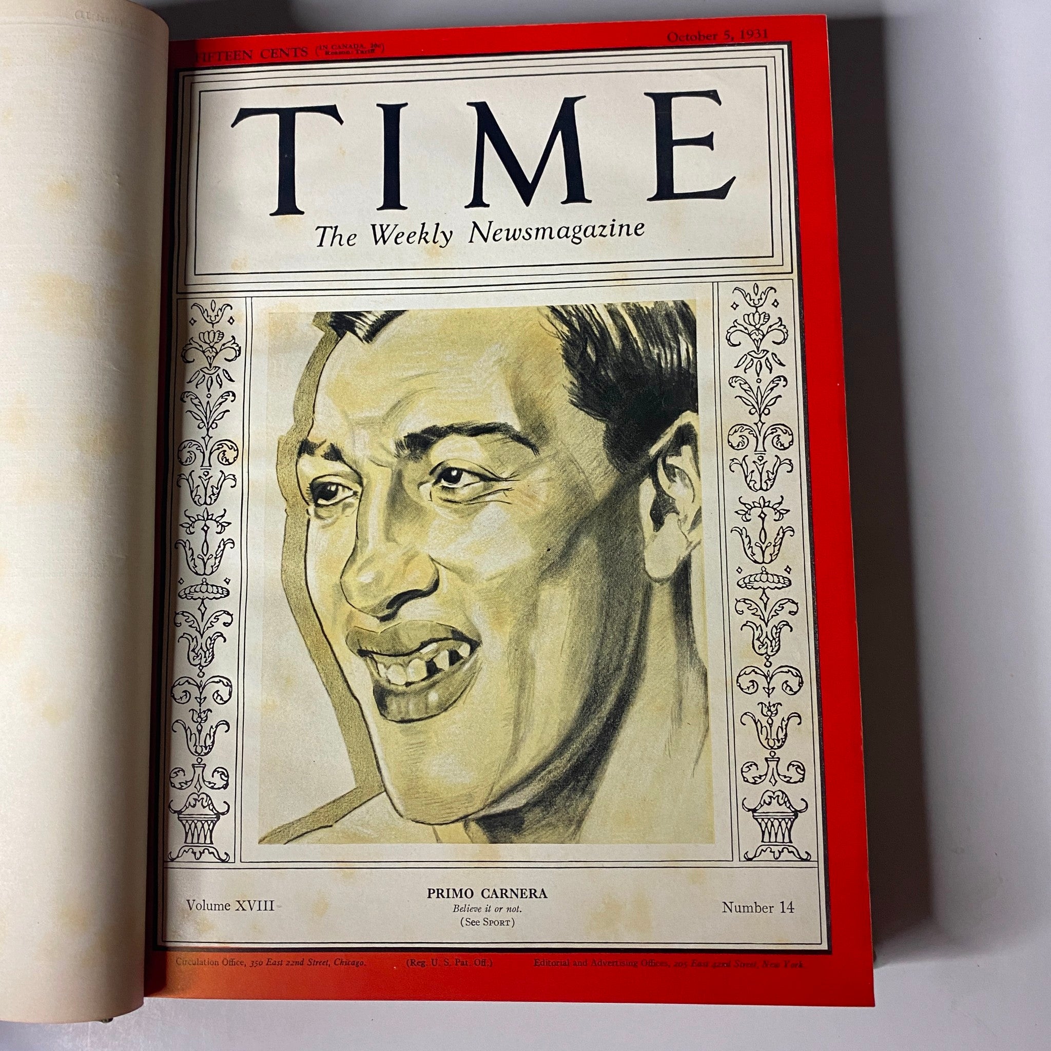 Cover page of the Time Magazine issue dated October 5, 1931, featuring a portrait of Primo Carnera, promoting the Time Magazine Library Bound collection for the specified dates.
