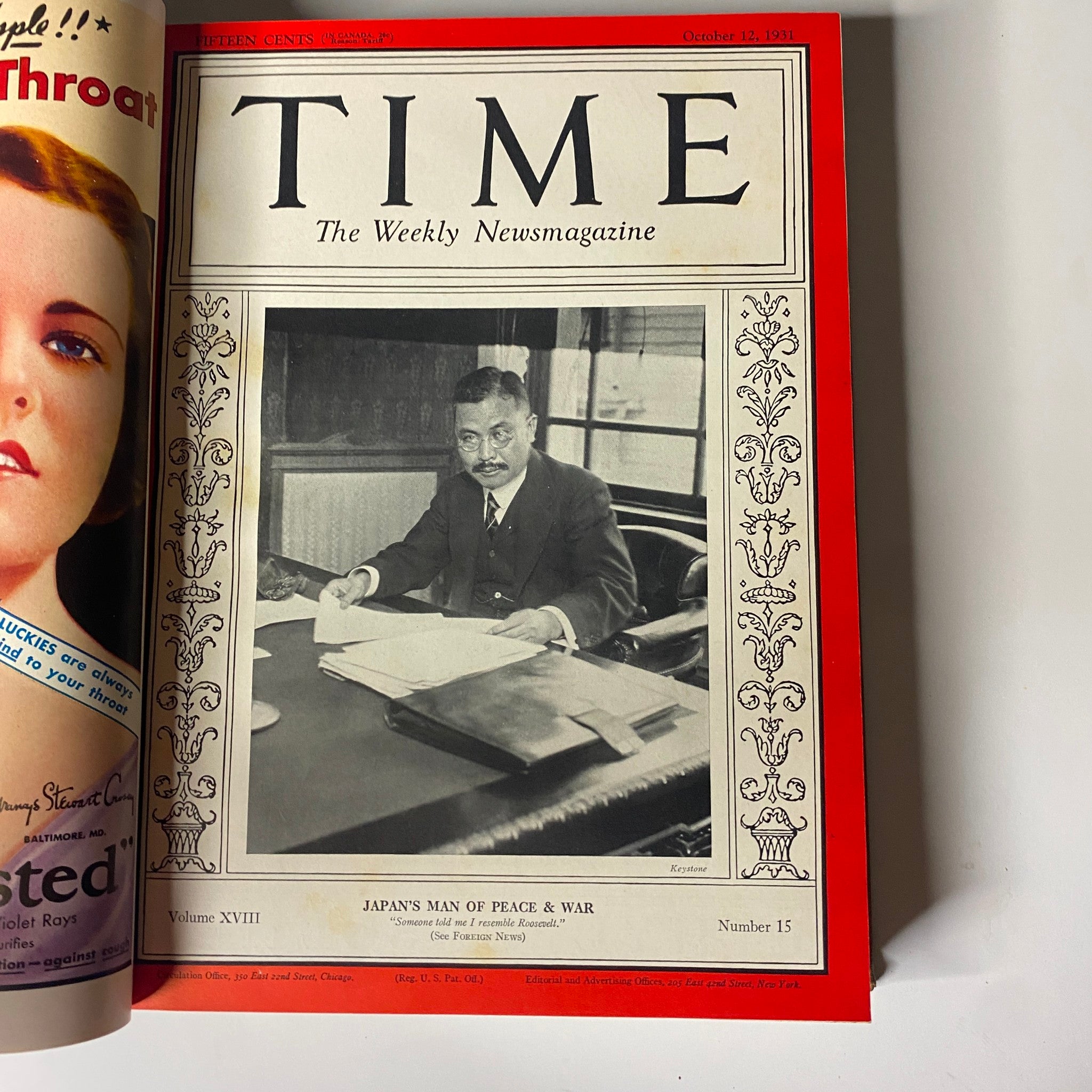 Time Magazine Library Bound Volume featuring Japan’s Man of Peace & War, October 12, 1931. This issue contains a historical photograph and highlights significant events during the global depression.