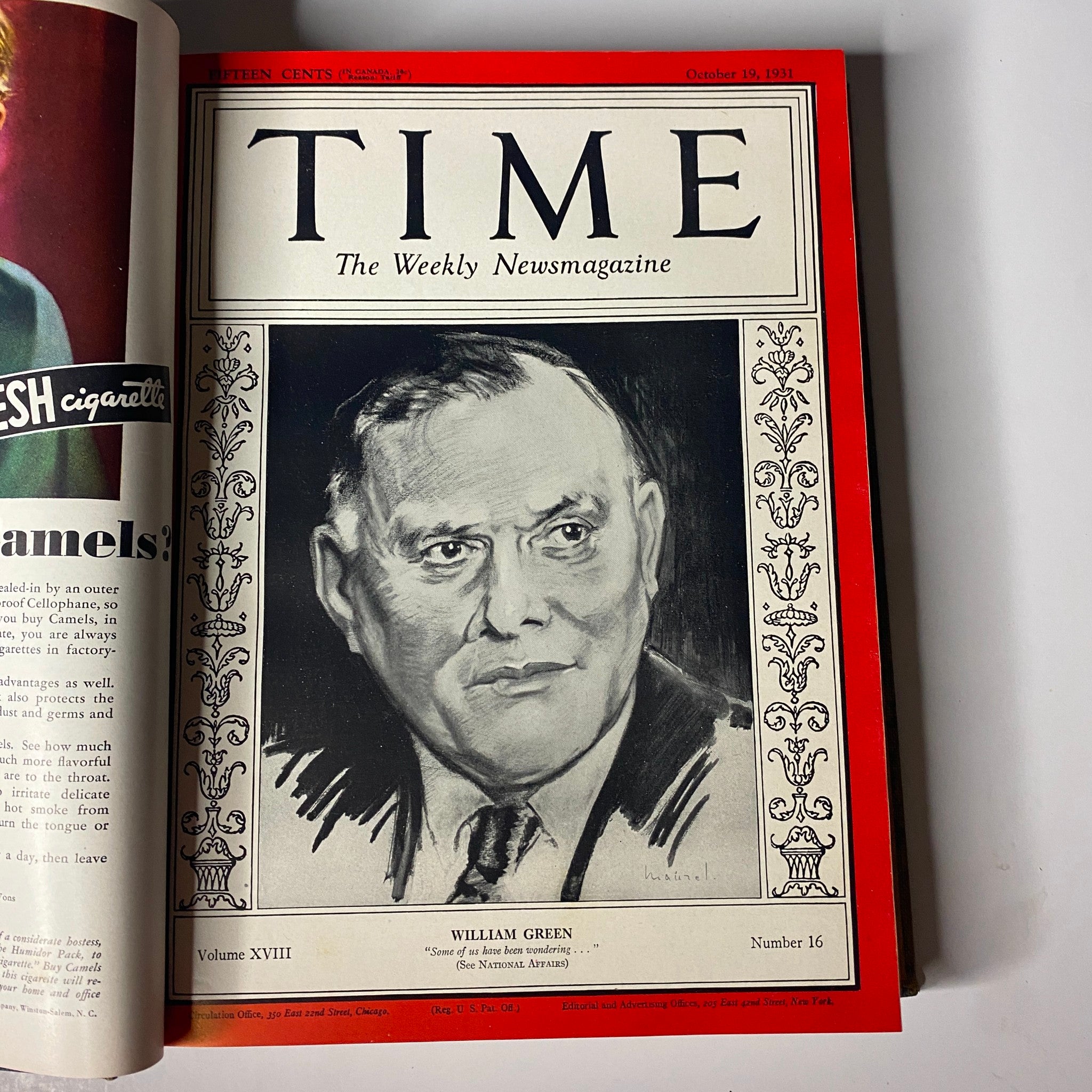 Time Magazine Library Bound Volume featuring William Green, October 19, 1931. The cover features a drawing of William Green and covers relevant political topics of the era.