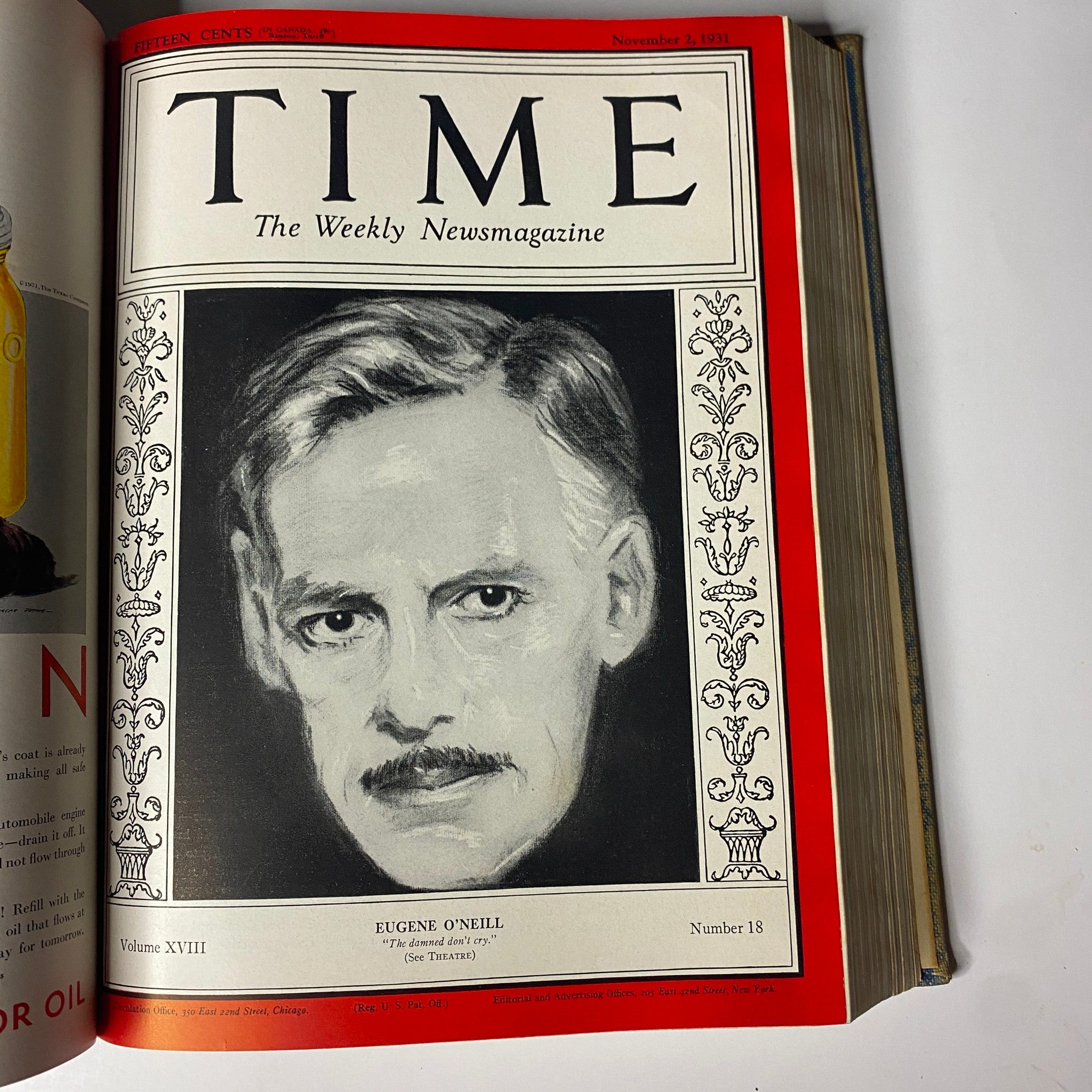 Time Magazine Library Bound Volume featuring Eugene O’Neill, November 2, 1931. The cover showcases a portrait of the playwright and discusses cultural milestones during the Great Depression.