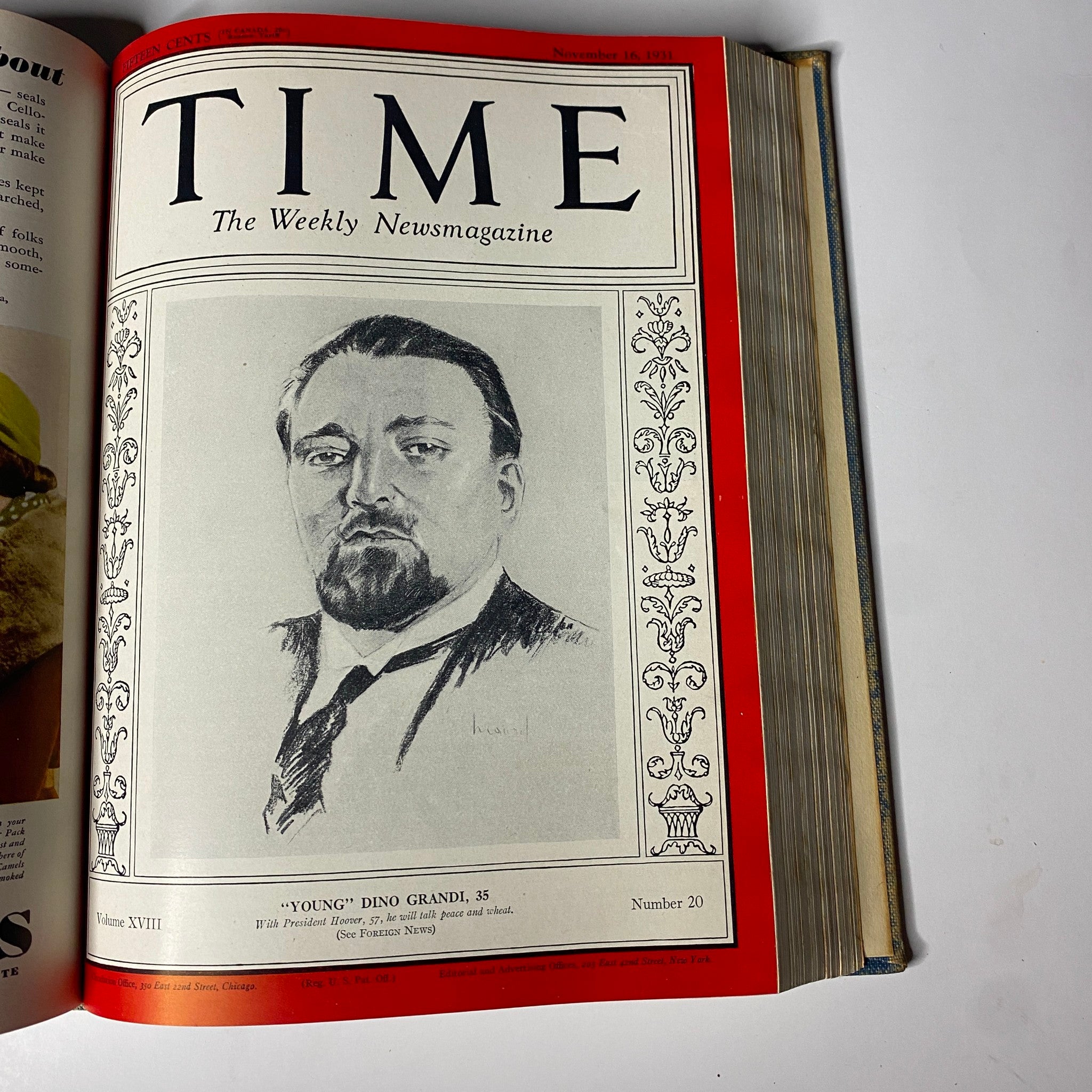 Time Magazine cover featuring 'Young' Dino Grandi, November 16, 1931, as part of the Time Magazine Library Bound collection for October 5-December 28, 1931.
