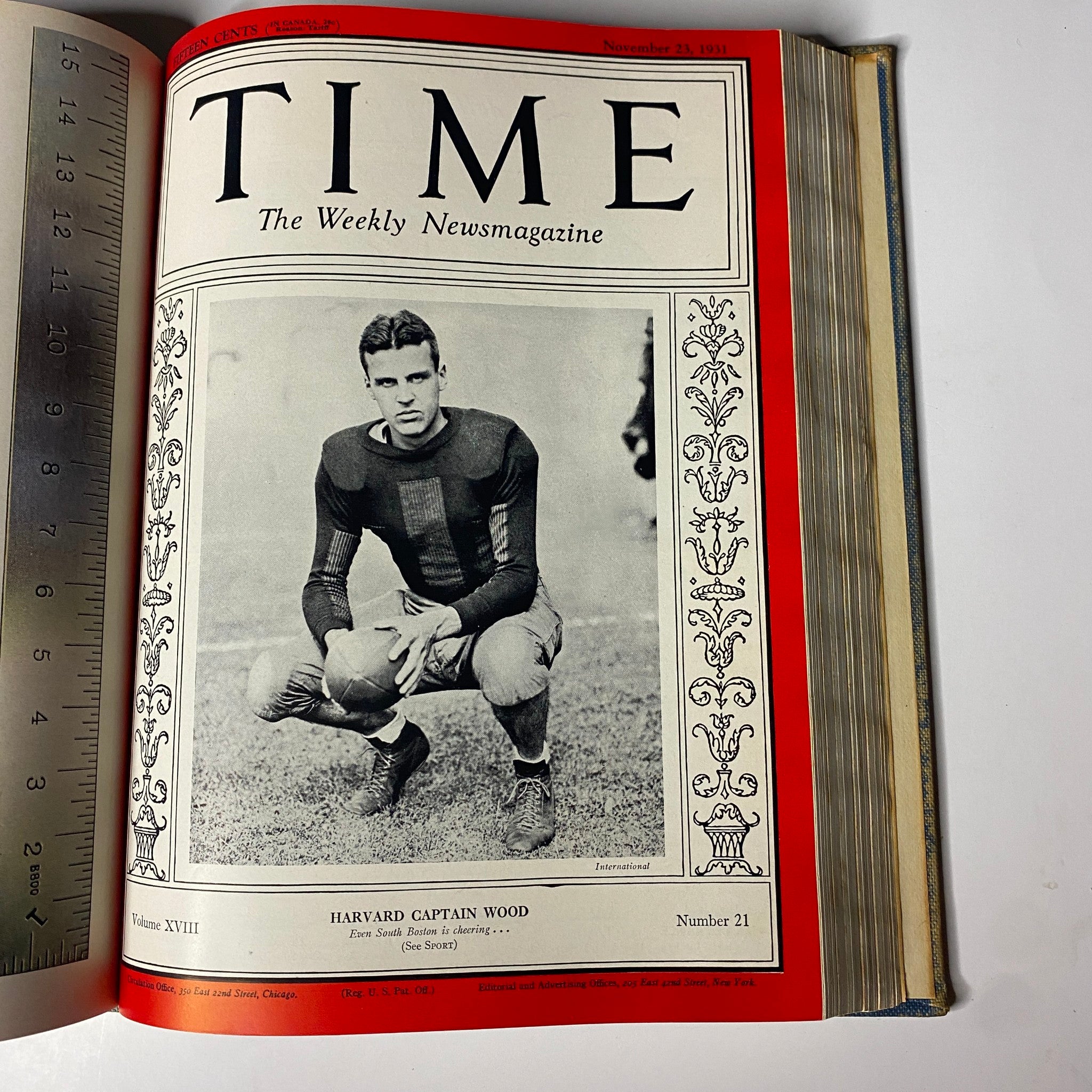 Time Magazine cover showcasing Harvard Captain Wood, November 23, 1931, included in the Time Magazine Library Bound between October 5 and December 28, 1931.