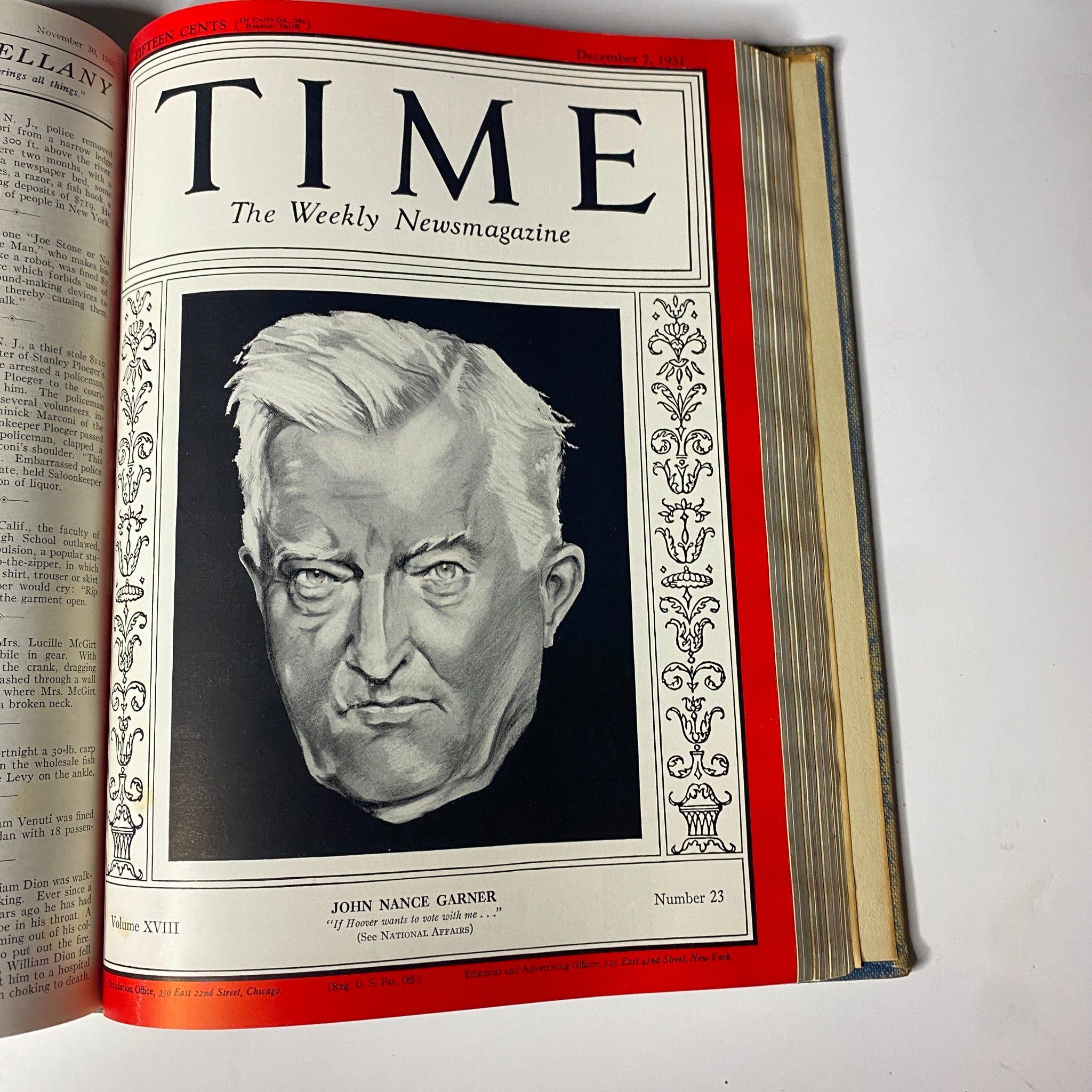 Time Magazine cover featuring John Nance Garner, December 7, 1931, as part of the Time Magazine Library Bound collection for October 5 to December 28, 1931.
