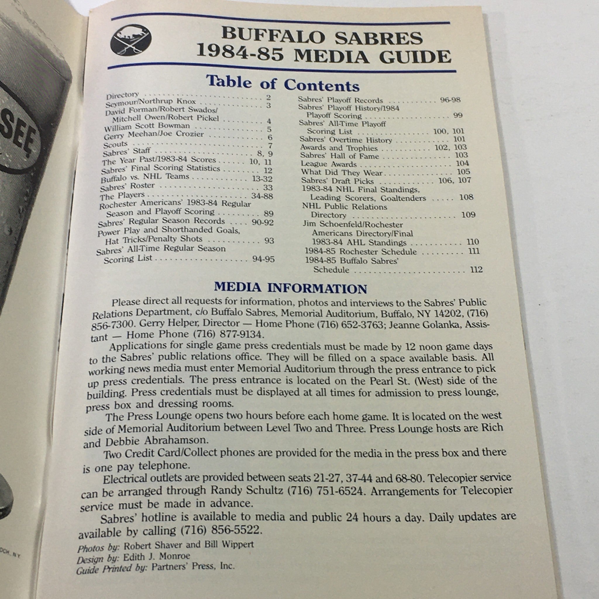 VTG NHL Buffalo Sabres Media Guide and Fact Book 1984-1985