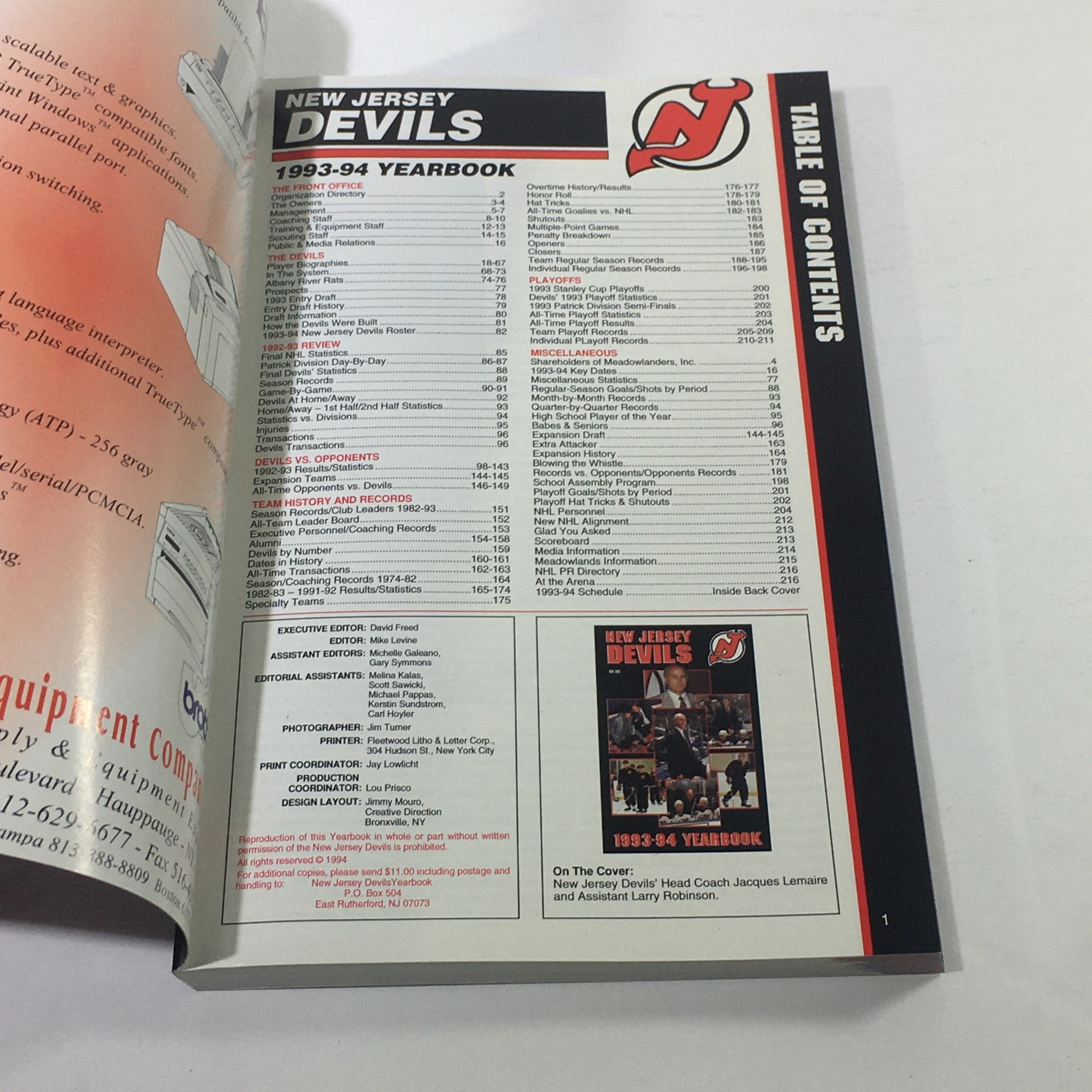 VTG NHL Official Yearbook 1993-1994 - New Jersey Devils / Coach Jacques Lemaire