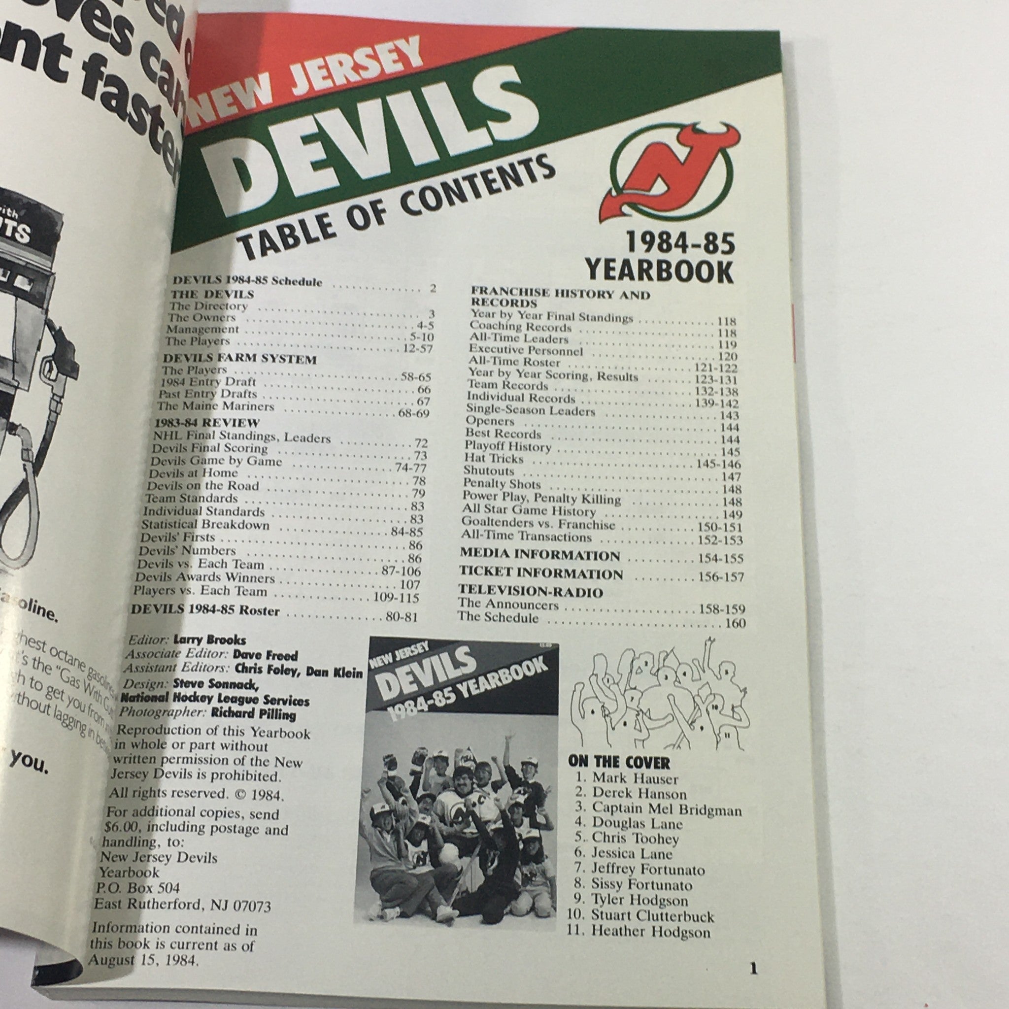 VTG NHL Official Yearbook 1984-1985 - New Jersey Devils table of contents page showcasing team details and schedule.