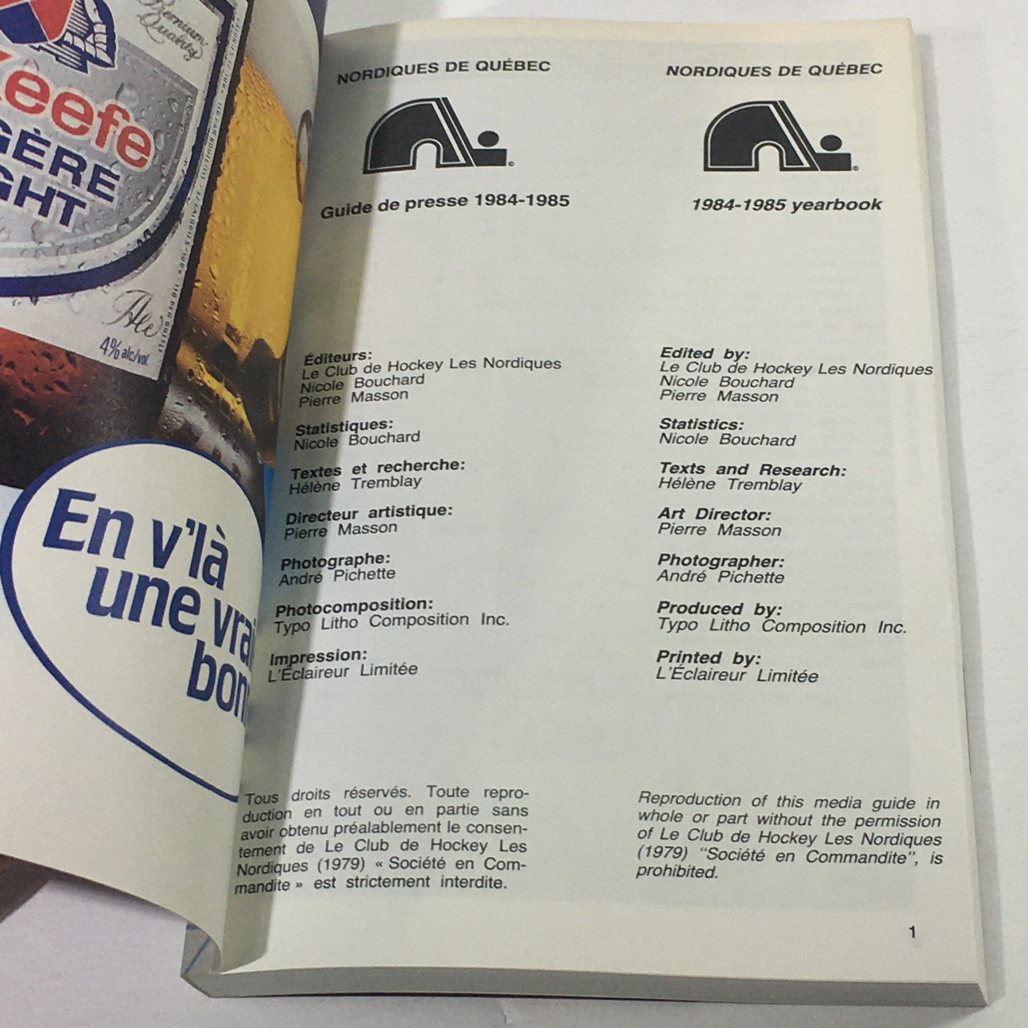 VTG NHL Official Media Guide 1984-1985 - Quebec Nordiques / French Language