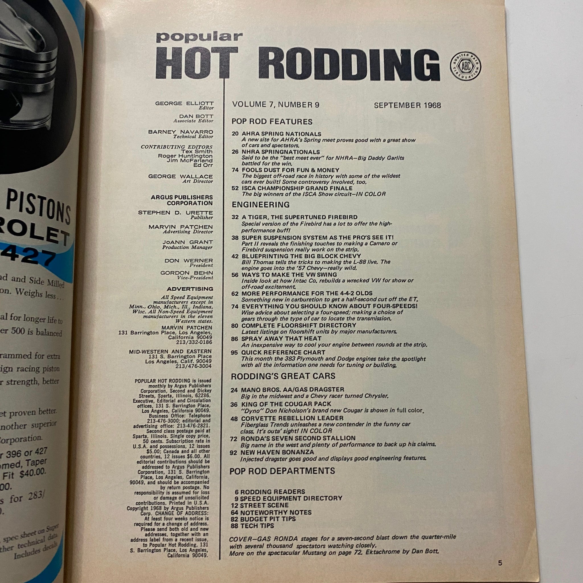 Inside page of Popular Hot Rodding Magazine September 1968, displaying the table of contents with various featured articles on drag racing.