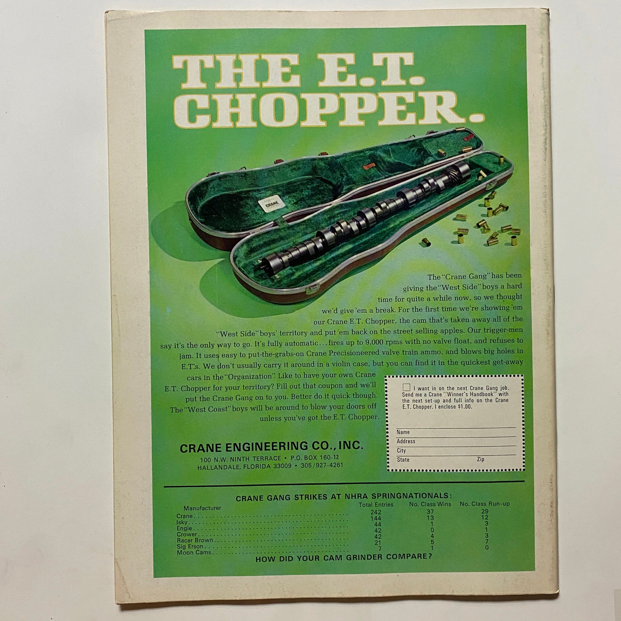 Back cover of Popular Hot Rodding Magazine September 1968, advertising the E.T. Chopper camshaft with a case, highlighting its unique features.