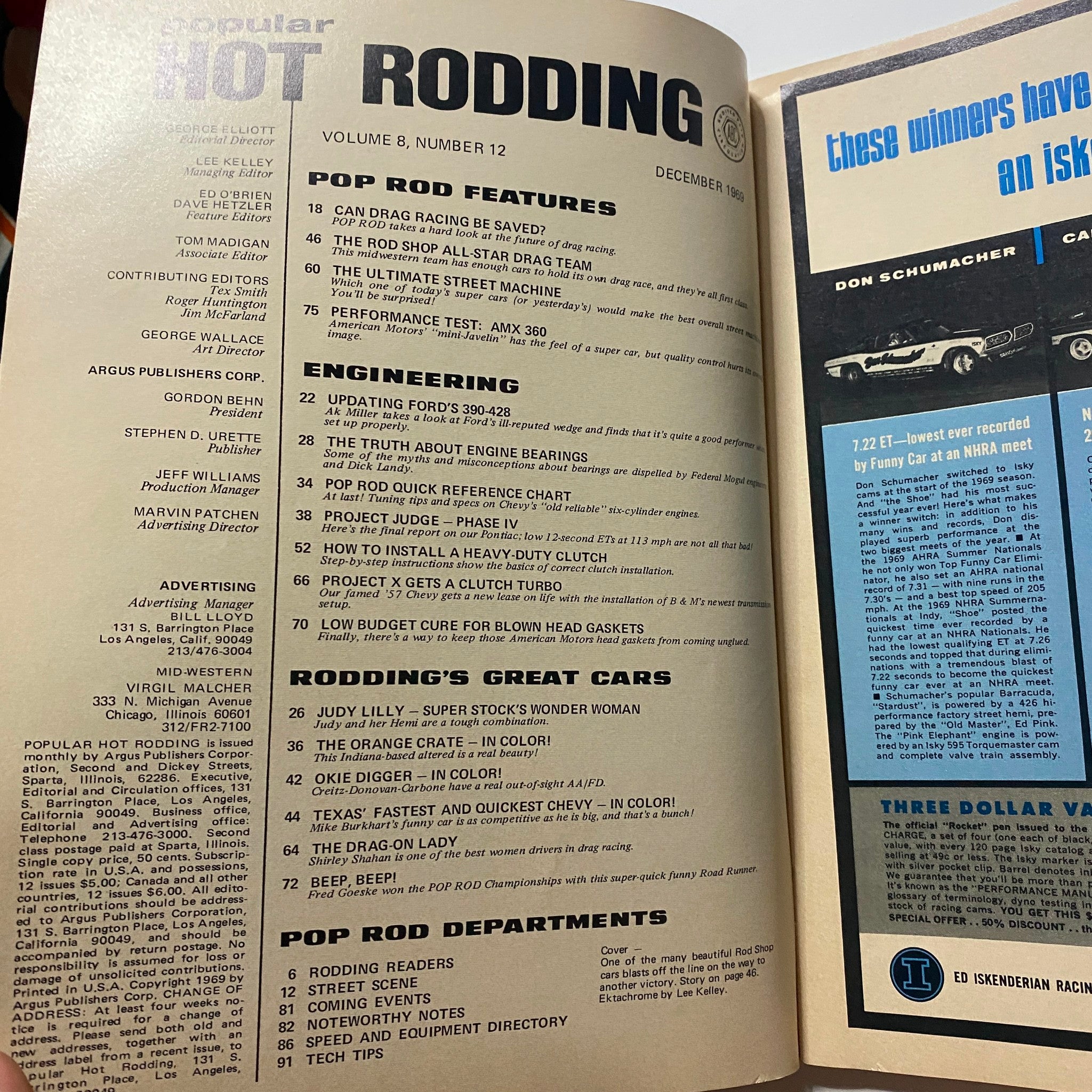 Popular Hot Rodding Magazine December 1968 Rod Shop All-Star Drag Team No Label