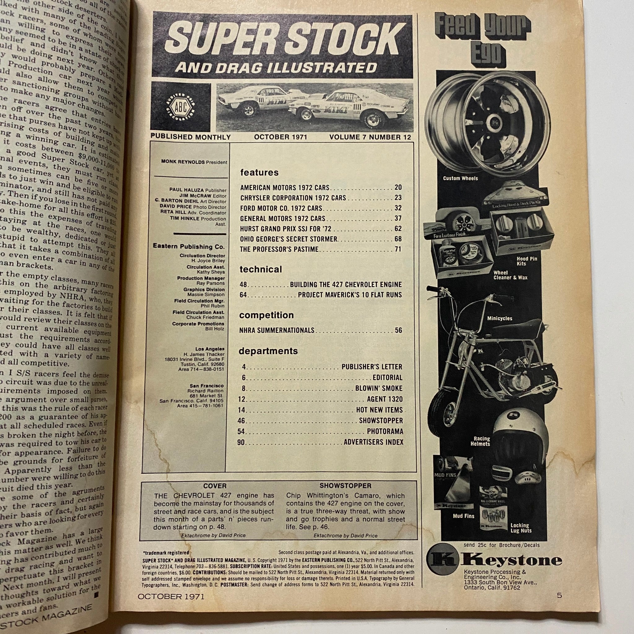 Super Stock & Drag Illustrated Magazine October 1971 A 427 Chevy Engine No Label