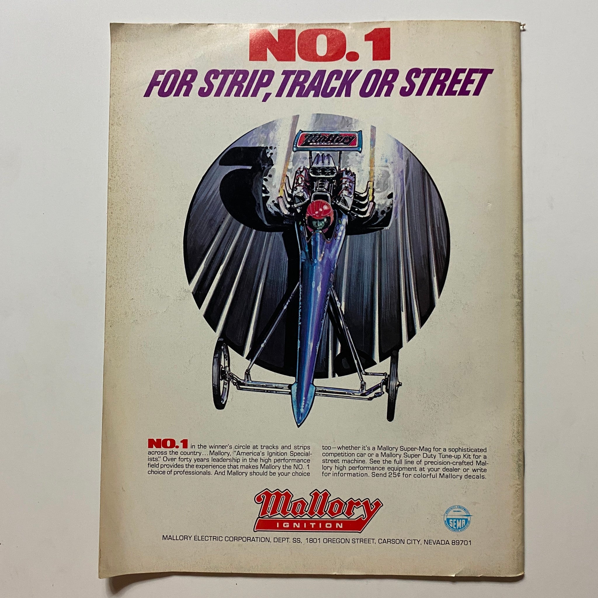 Back cover of Super Stock & Drag Illustrated Magazine August 1972, displaying an advertisement for Mallory Ignition products.
