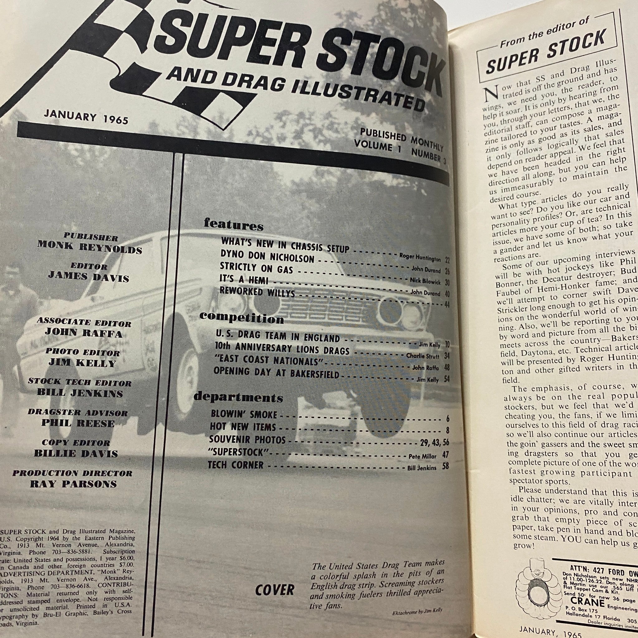 Super Stock & Drag Illustrated Magazine January 1965 U.S. Drag Team No Label VG