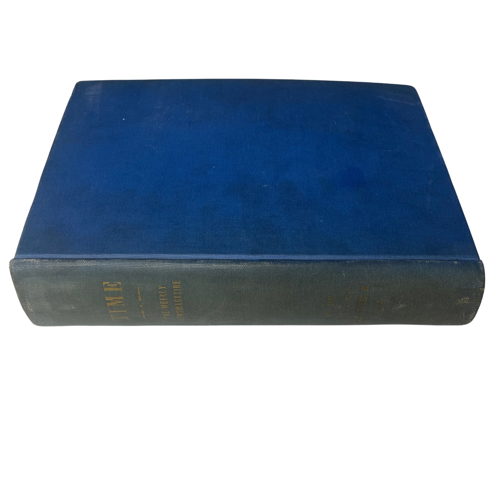 Spine view of the Time Magazine bound volume, showcasing the title embossed in gold - Time Magazine Library Bound October 1-December 31, 1934 Thomas Benton.