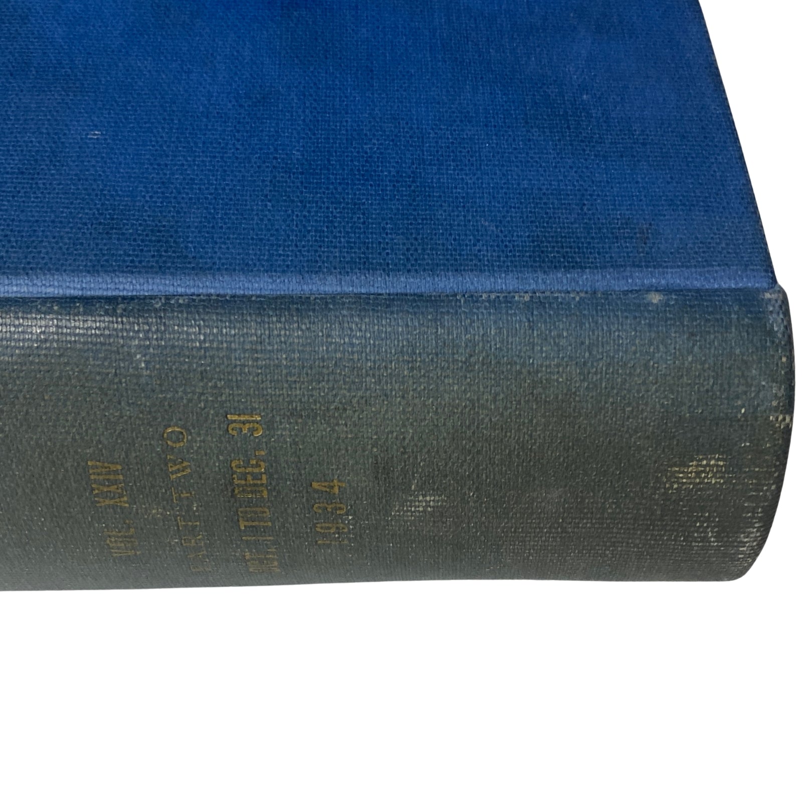 Close-up of the spine detailing of the Time Magazine bound volume from 1934, highlighting the publication date - Time Magazine Library Bound October 1-December 31, 1934 Thomas Benton.