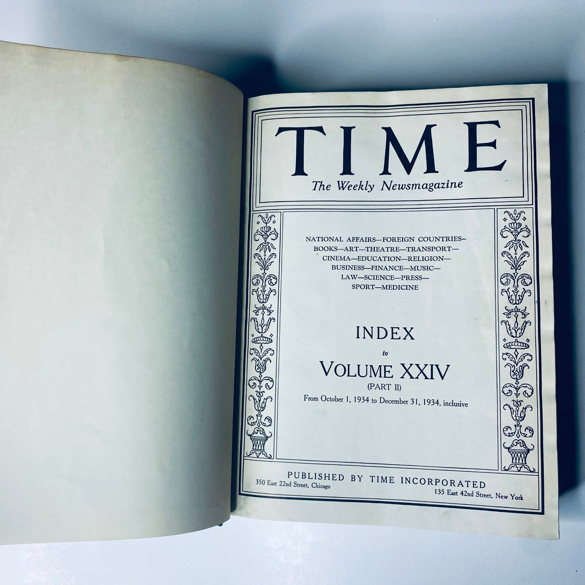 Title: Time Magazine Library Bound October 1-December 31, 1934 Thomas Benton. Image of the interior of the magazine showing the index page for Volume XXIV, Part II, covering the period from October 1 to December 31, 1934.