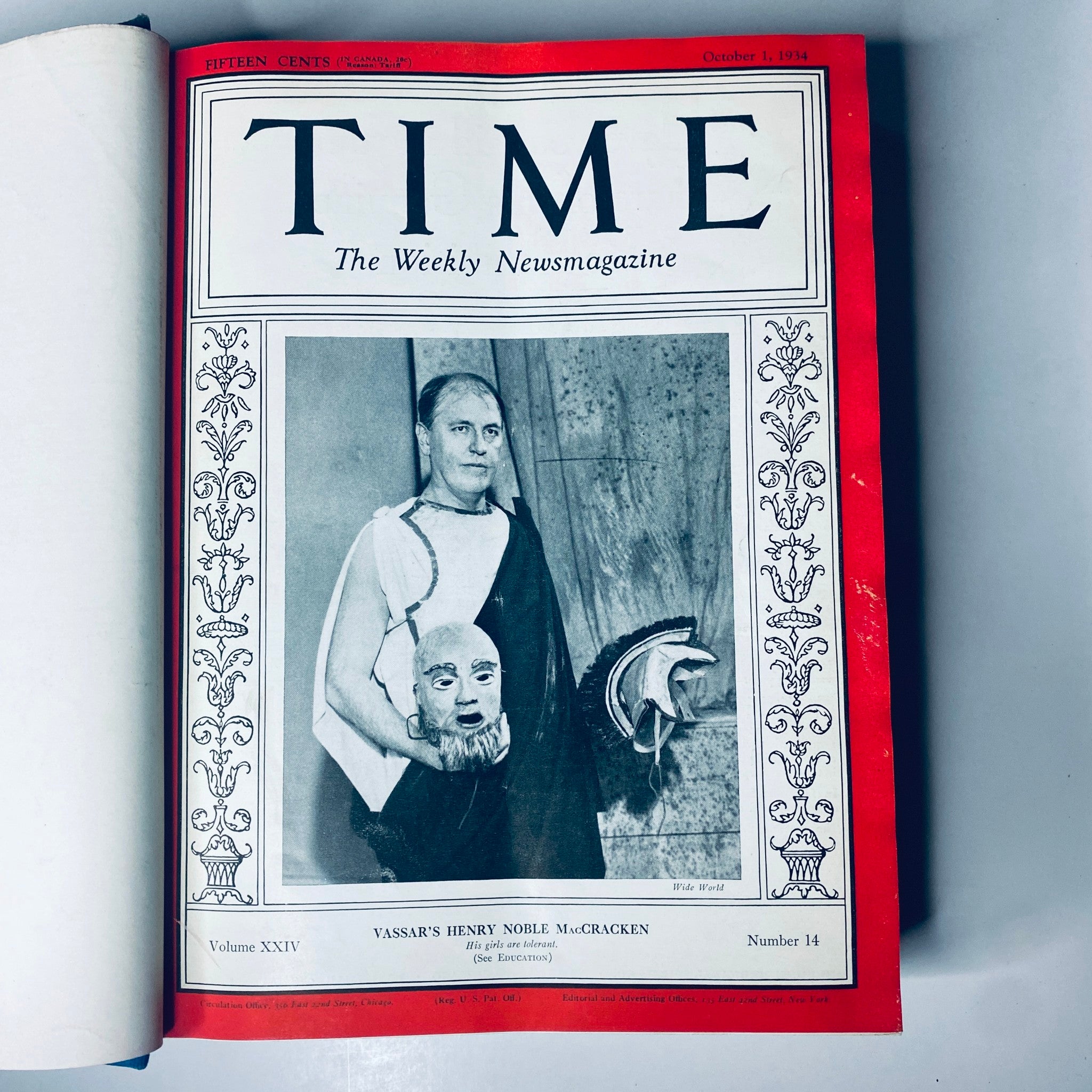 Title: Time Magazine Library Bound October 1-December 31, 1934 Thomas Benton. Cover of the October 1, 1934 issue featuring Vassar's Henry Noble McCracken.