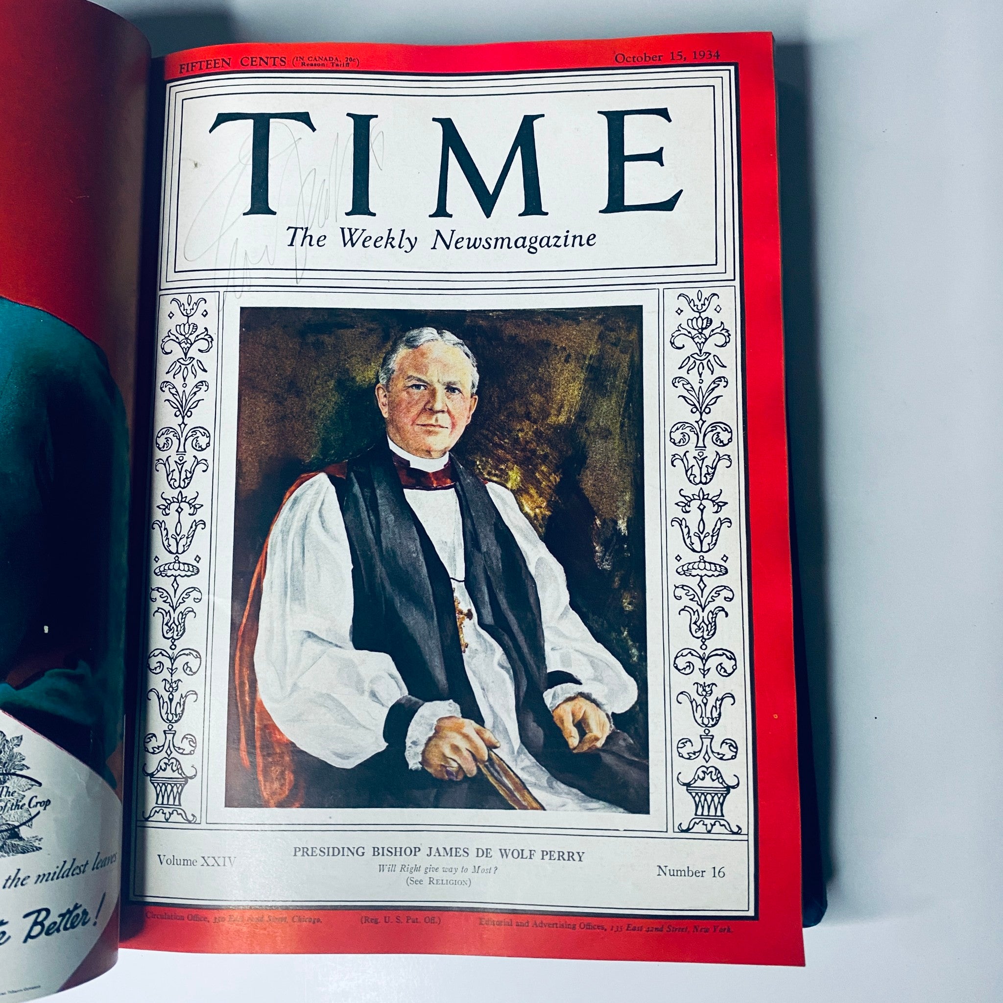 Title: Time Magazine Library Bound October 1-December 31, 1934 Thomas Benton. Cover of the October 15, 1934 issue featuring Presiding Bishop James De Wolf Perry.