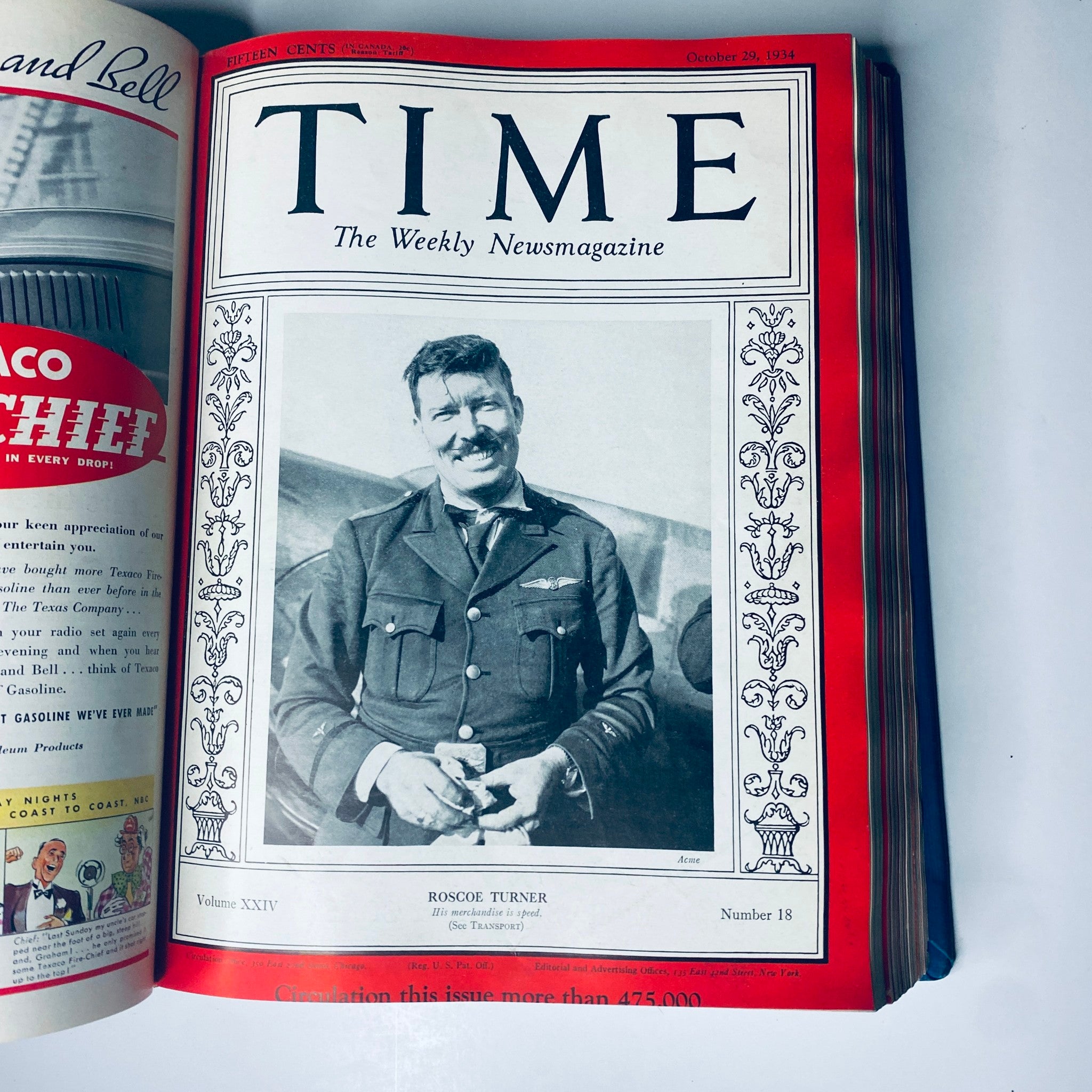 Time Magazine cover featuring Roscoe Turner, dated October 29, 1934, showcasing aviation and cultural topics relevant to the period.