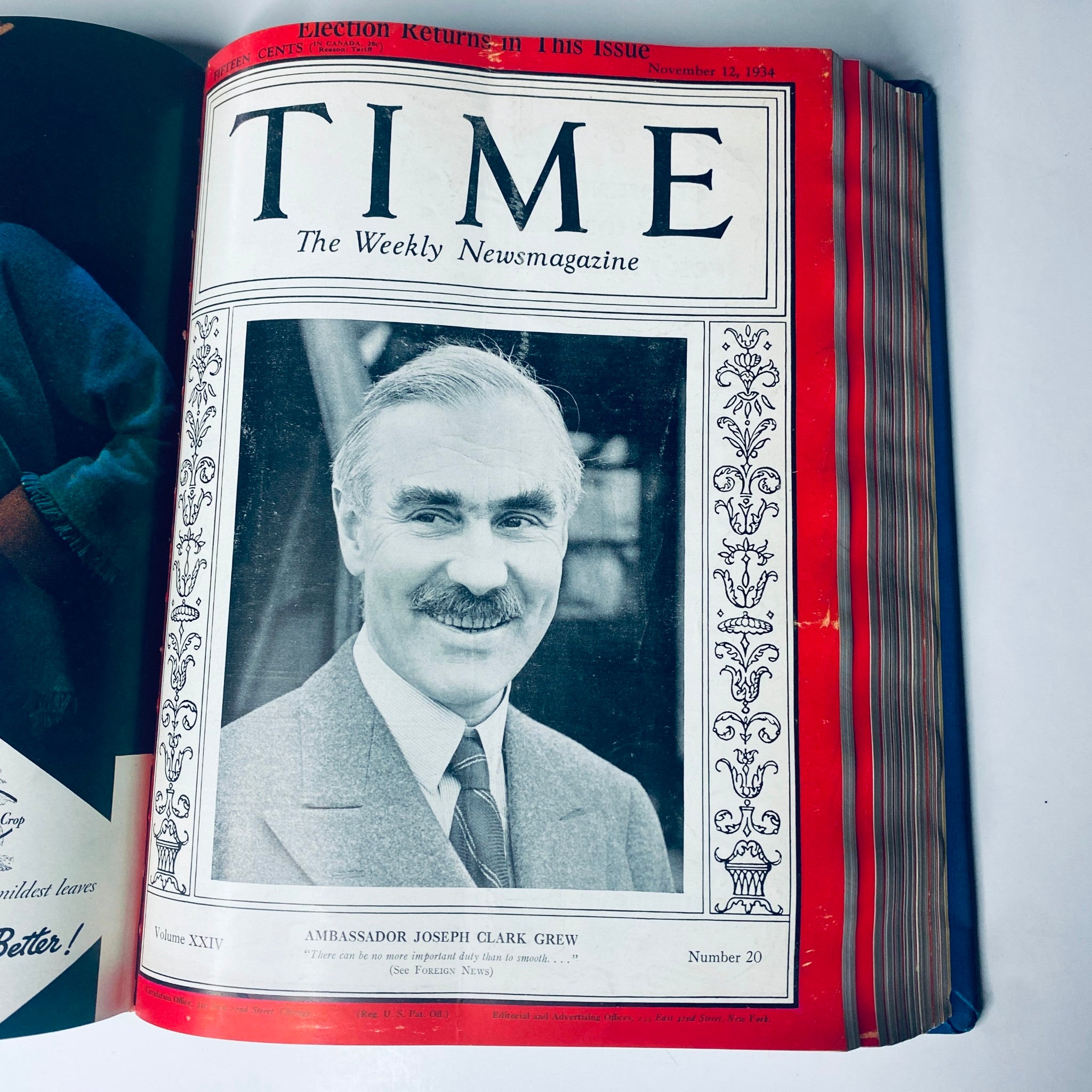 Time Magazine cover featuring Ambassador Joseph Clark Grew, dated November 12, 1934, focusing on diplomatic relations and world events of the time.