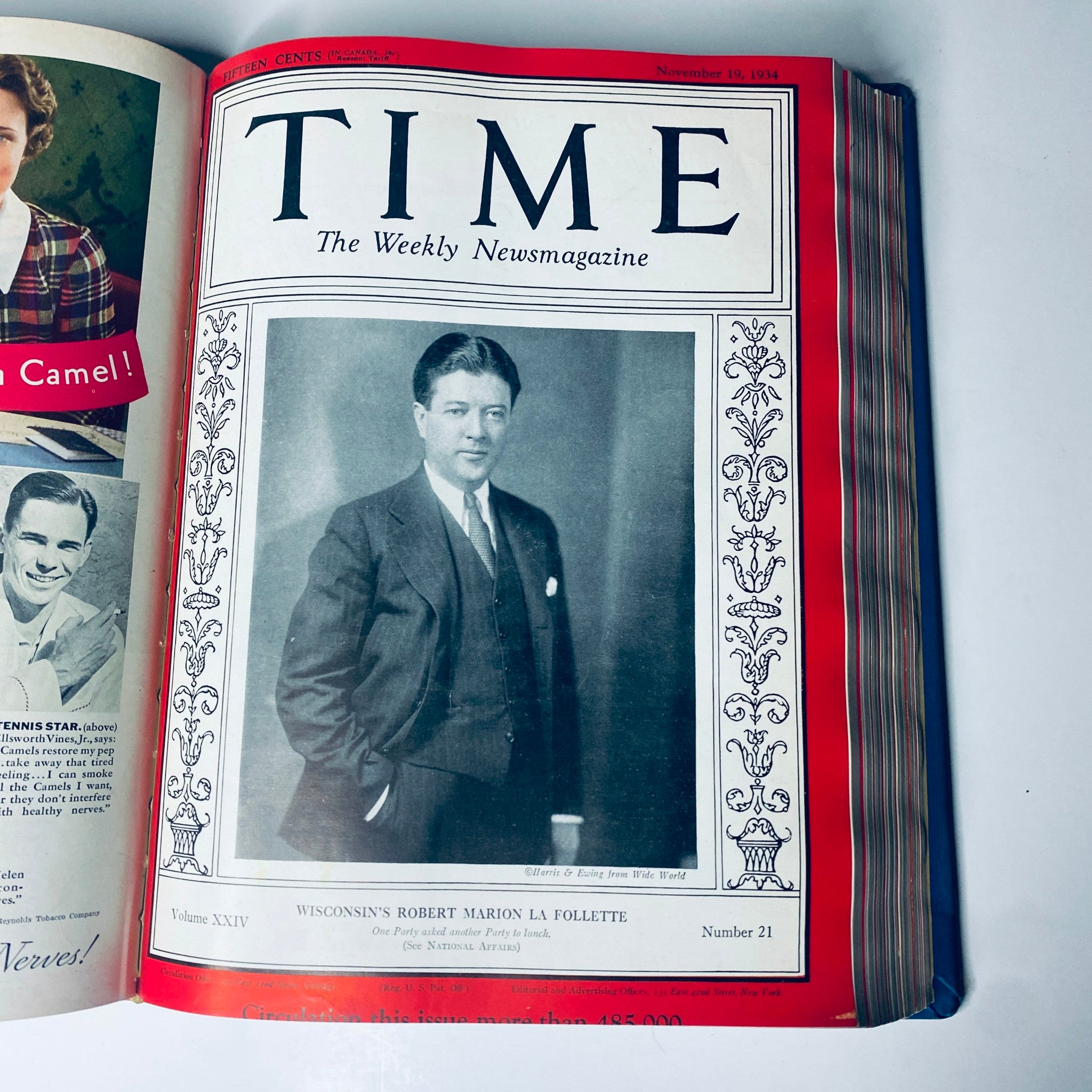 Time Magazine cover featuring Wisconsin's Robert Marion La Follette, dated November 19, 1934, emphasizing political developments in American history.