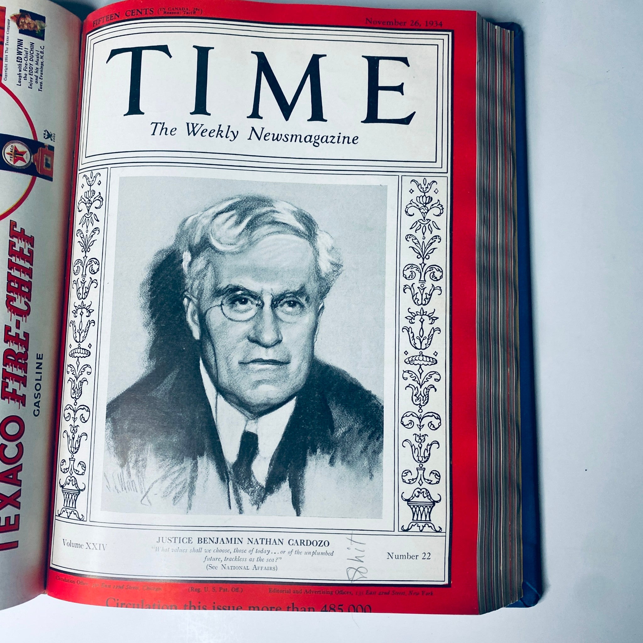 Time Magazine cover featuring Justice Benjamin Nathan Cardozo, dated November 26, 1934, illustrating legal and judicial matters during the Great Depression.
