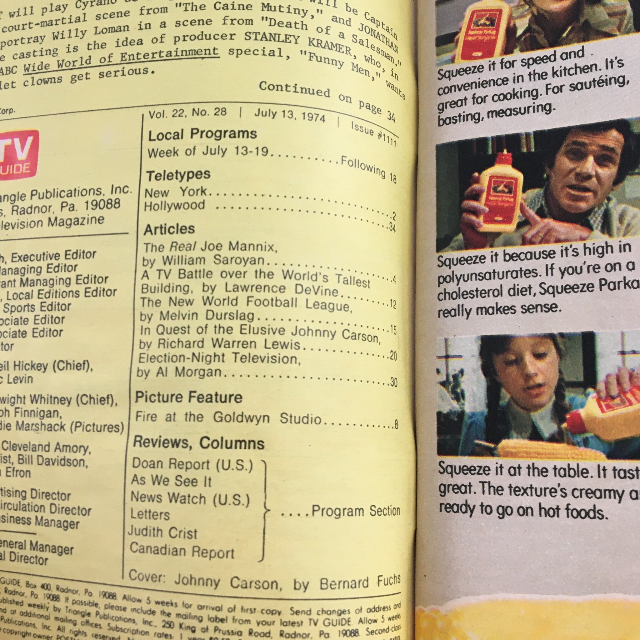 Inside page of TV Guide Magazine July 13 1974, detailing local programs with features and articles related to television in the 1970s.