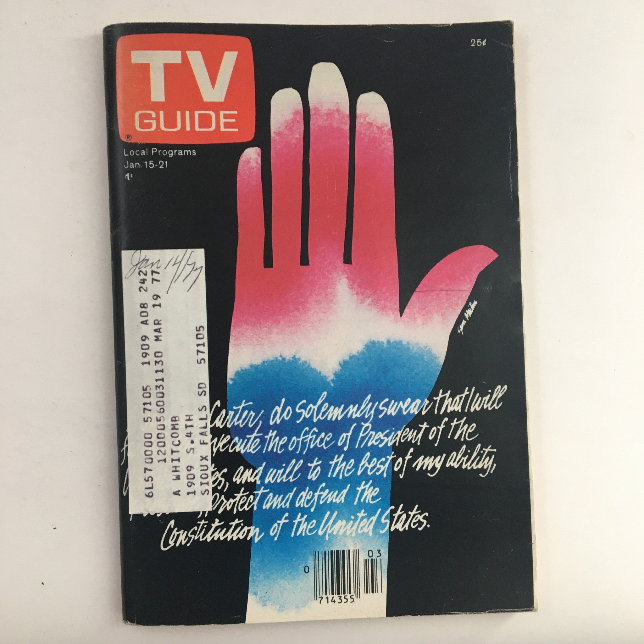 Cover of TV Guide Magazine January 15 1977 featuring a hand illustration and inauguration theme.