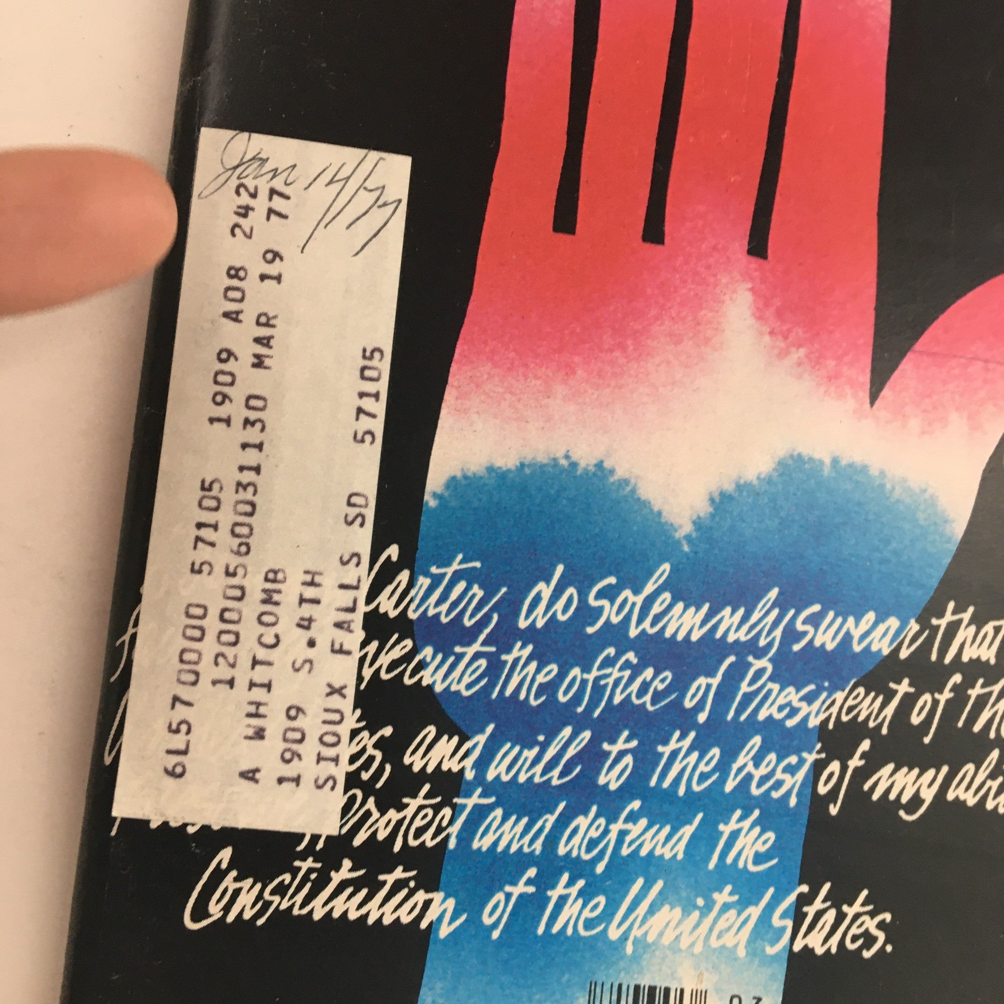 Close-up of the TV Guide Magazine January 15 1977 cover, showcasing the hand illustration and handwritten inscription.