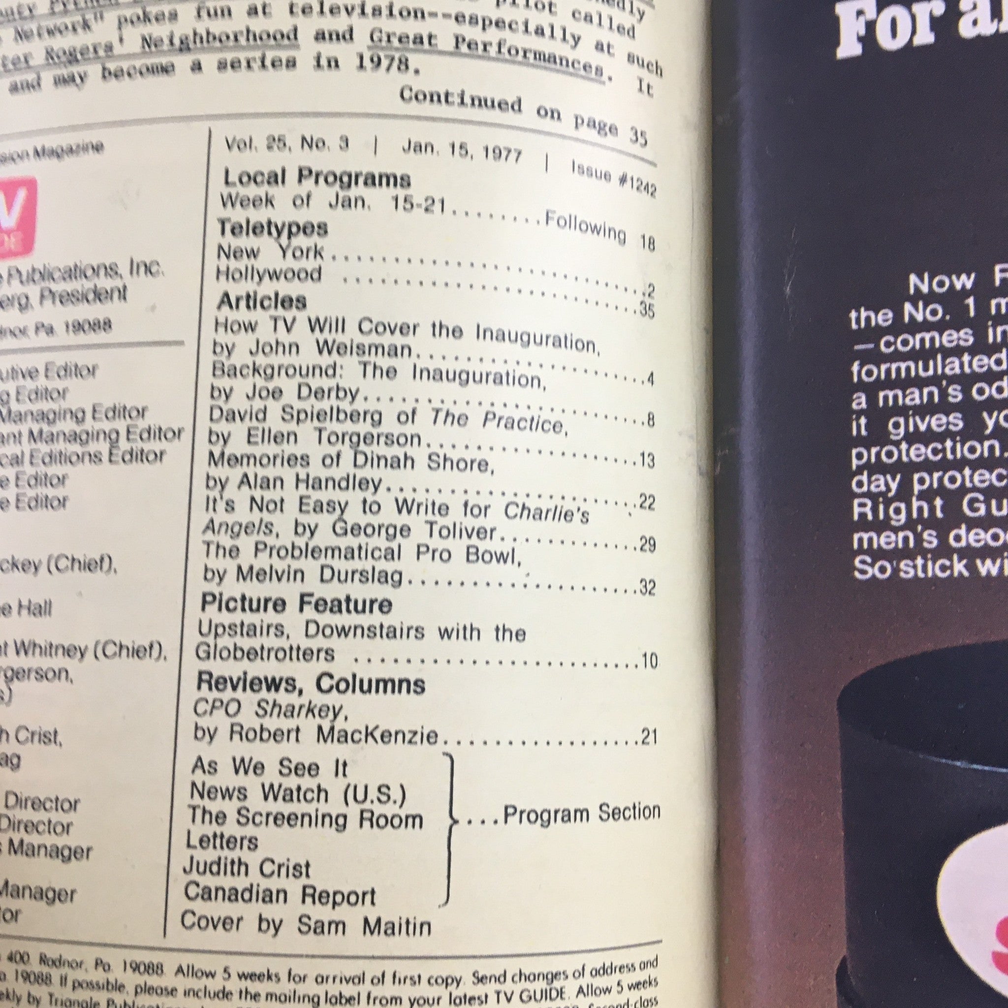 Table of contents from TV Guide Magazine January 15 1977, detailing articles and programs for the week.