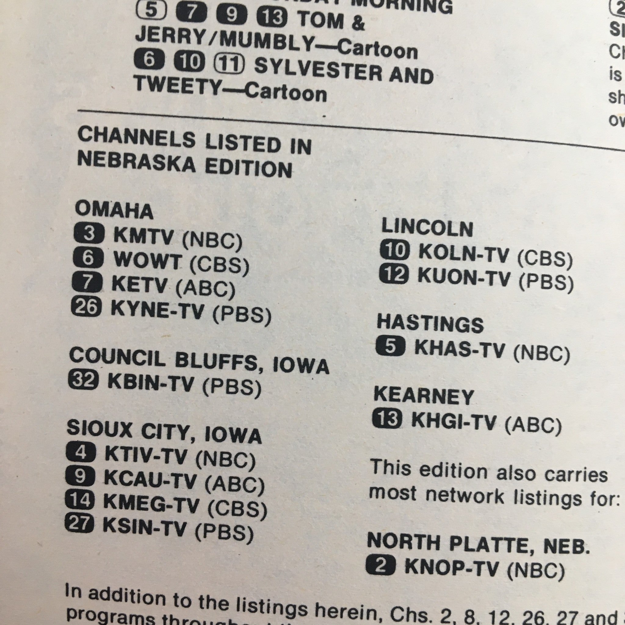 Channel listings in the Nebraska Edition of TV Guide Magazine January 15 1977, displaying local TV stations.