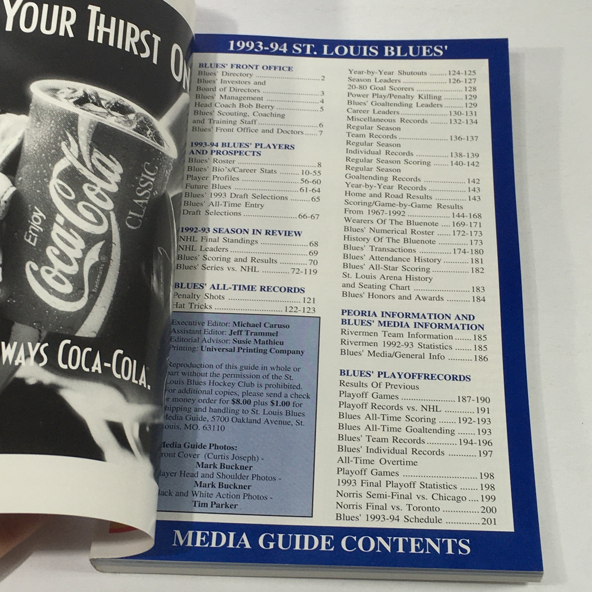 VTG NHL Official Media Guide 1993-1994 - St. Louis Blues / Curtis Joseph