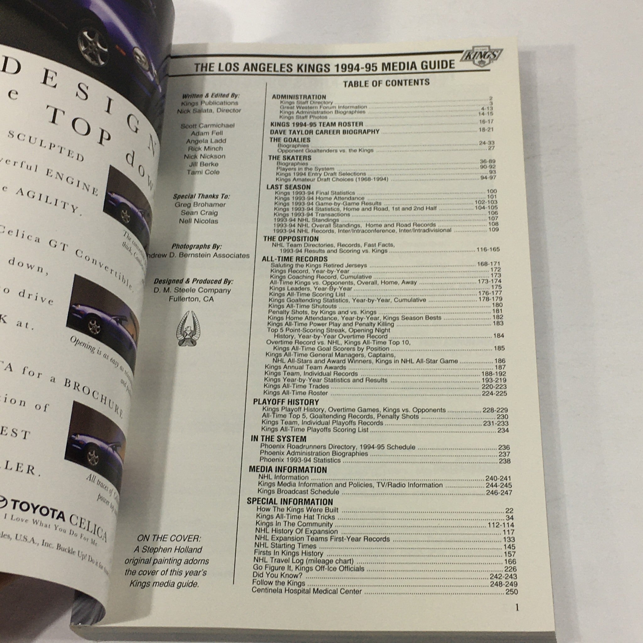 Inside page of the VTG NHL Official Media Guide 1994-1995 - Los Angeles Kings showcasing the table of contents with detailed sections.