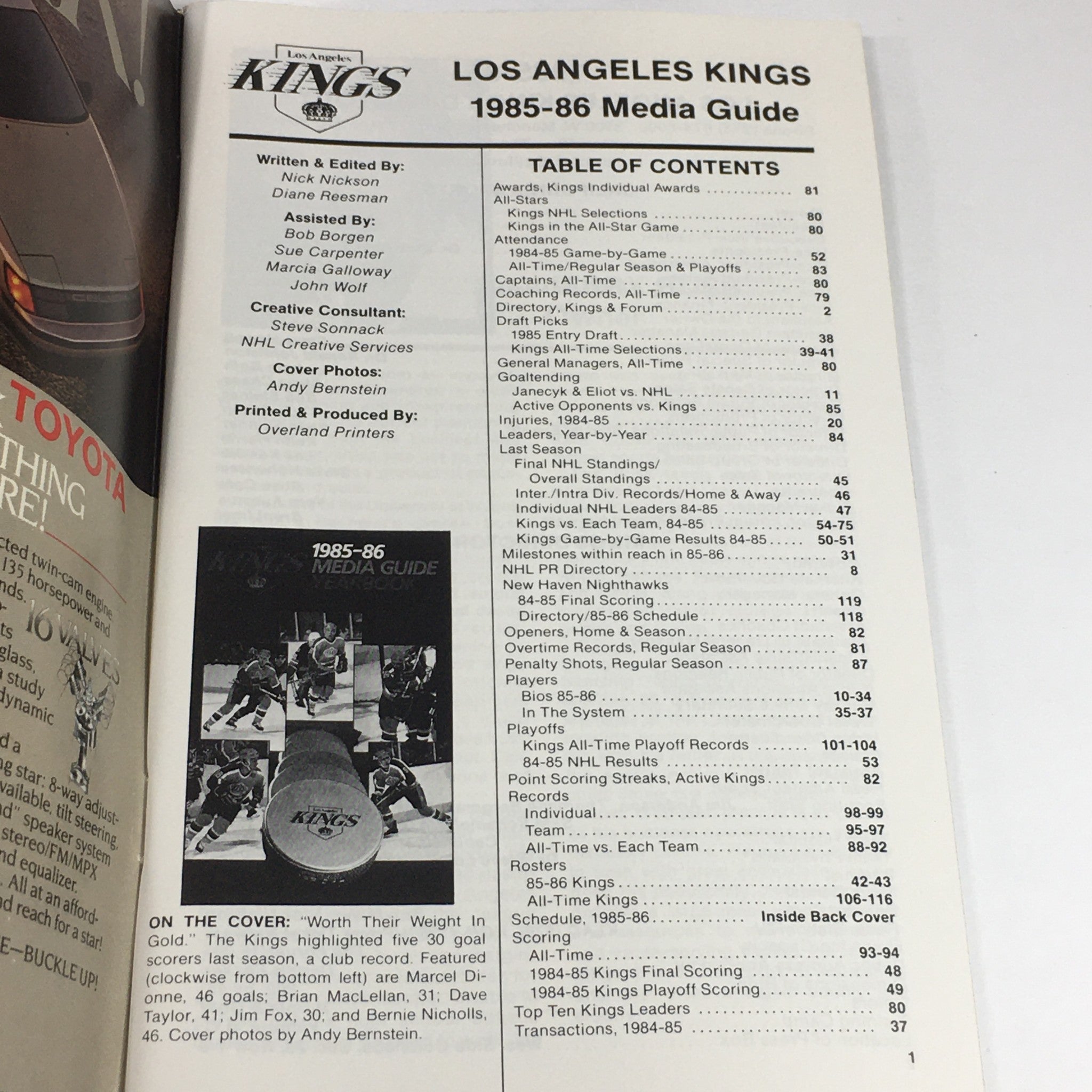 VTG NHL Official Media Guide 1985-1986 - Los Angeles Kings / Marcel Dionne