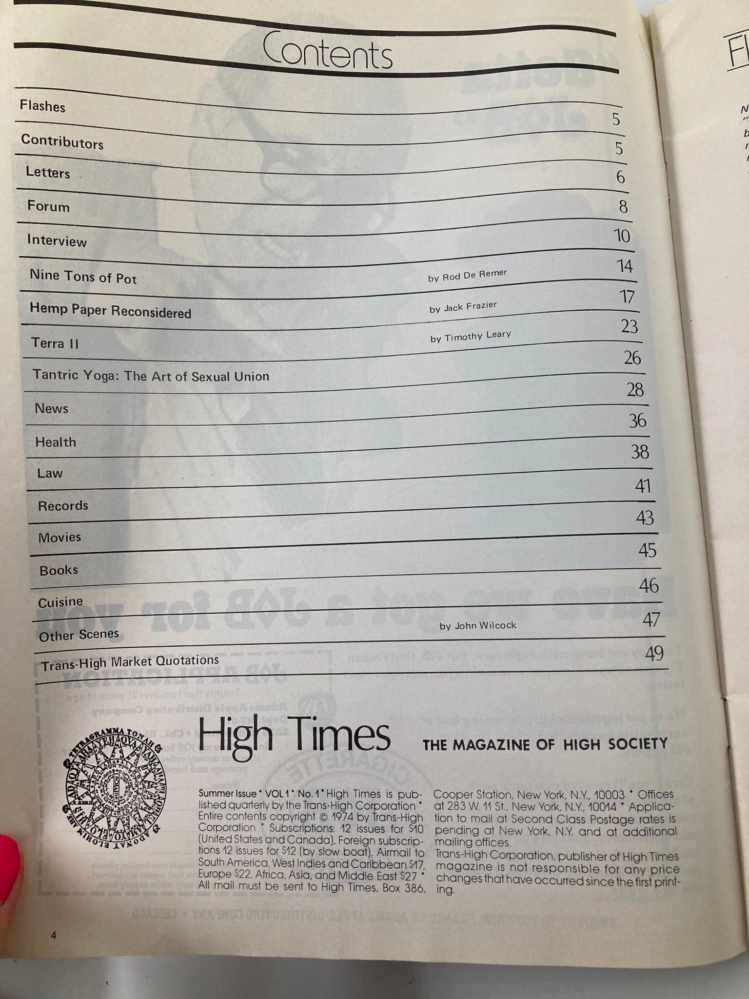 VTG High Times Magazine Summer 1974 Vol 1 #1 A Lady Dealer Talks No Label