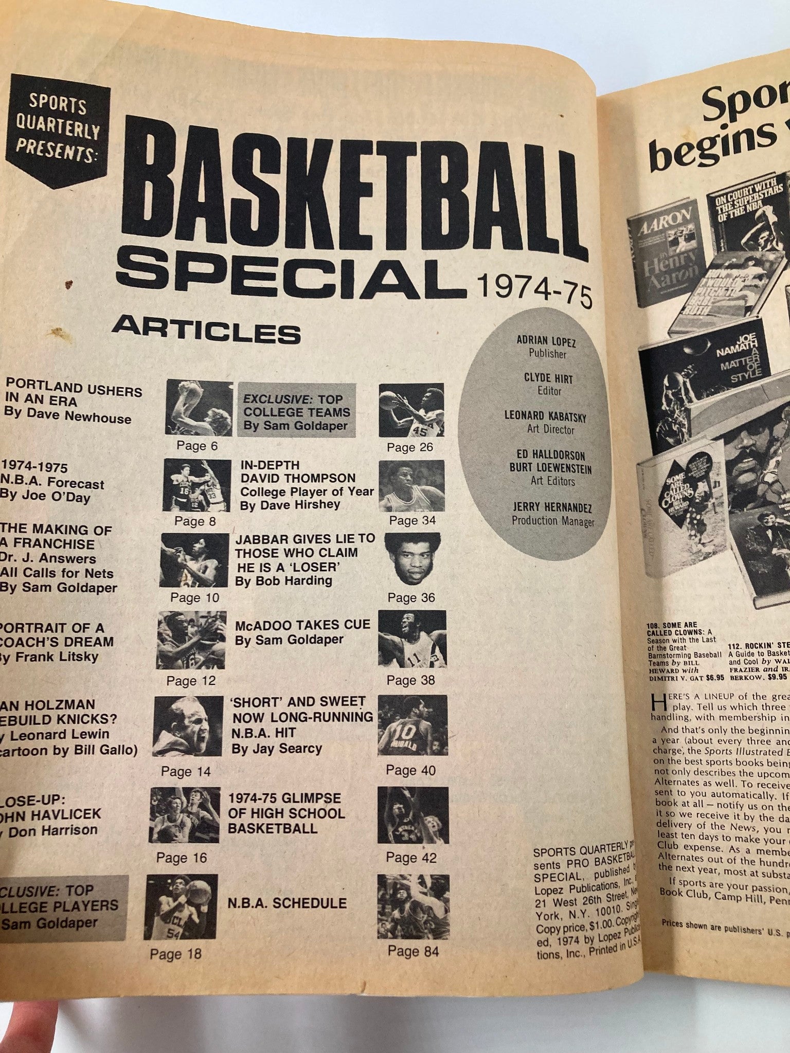 Inside page of the VTG Basketball Special Magazine 1974-1975 displaying article titles and featured basketball players.
