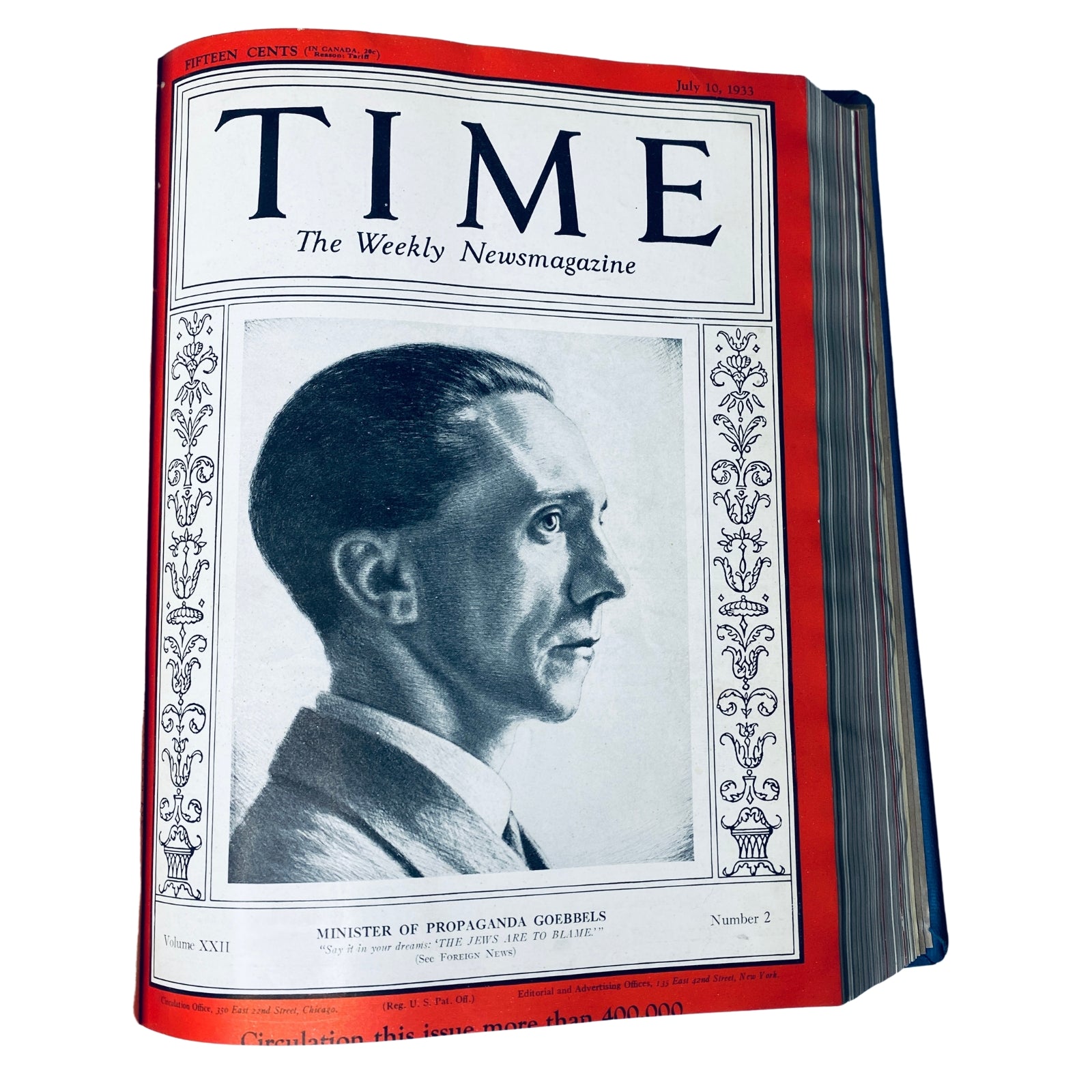 Cover of Time Magazine from July 3, 1933, featuring Minister of Propaganda Joseph Goebbels, from the Library Bound edition. This cover is a historical artifact highlighting key figures of the 1930s.