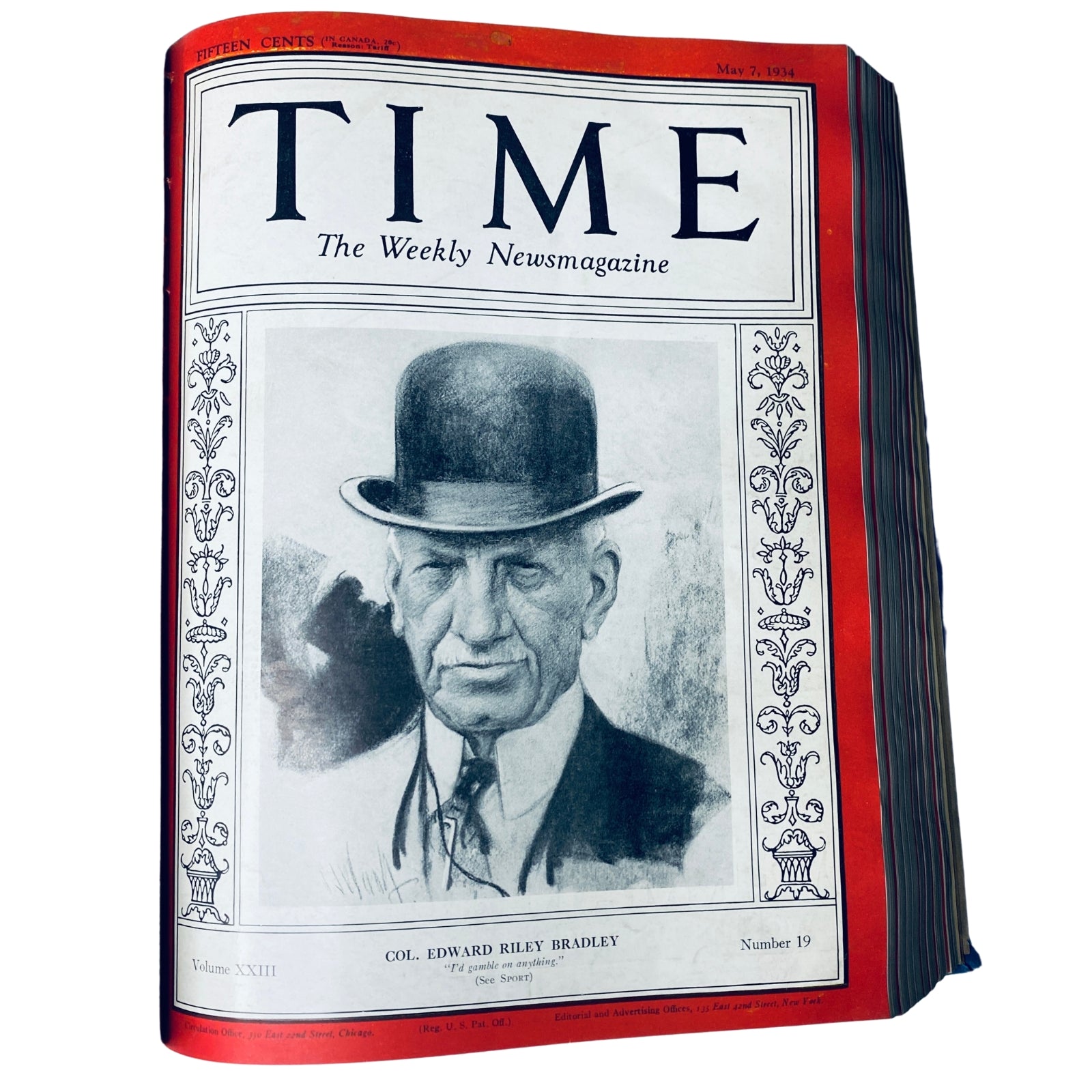 Cover of Time Magazine bound volume featuring Col. Edward Riley Bradley, dated May 7, 1934, showcasing a prominent portrait illustration.