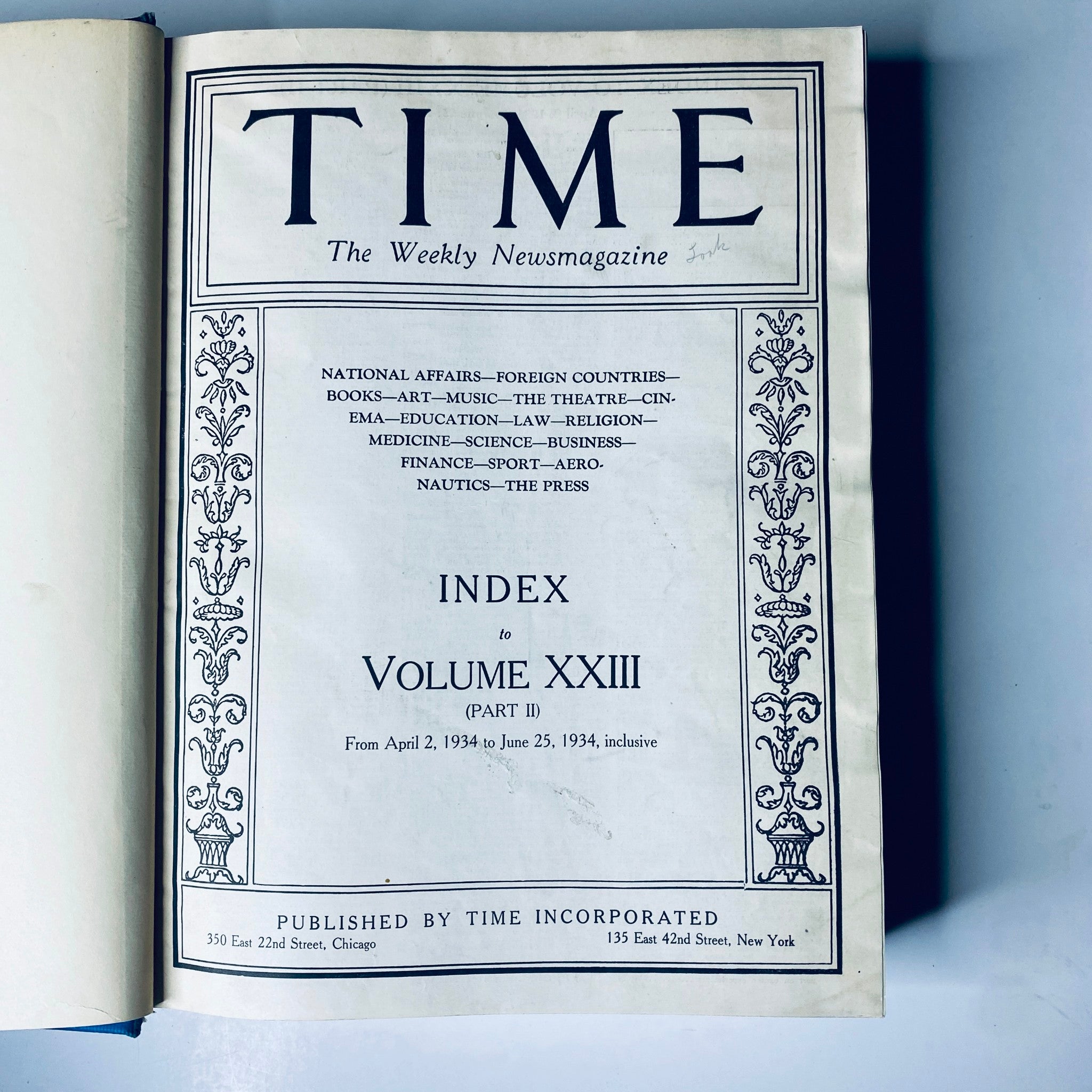 Time Magazine Library Bound April 2- June 25, 1934 presenting the index page of Volume XXIII, Part II.