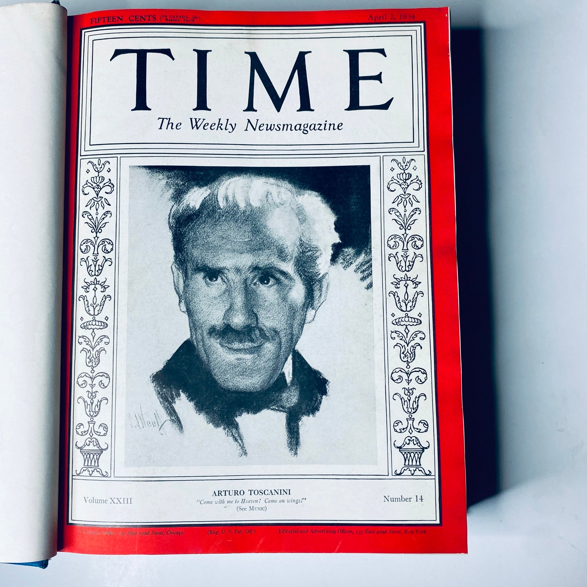 Time Magazine Library Bound April 2- June 25, 1934 featuring the cover page with an illustration of Arturo Toscanini, dated April 2, 1934.
