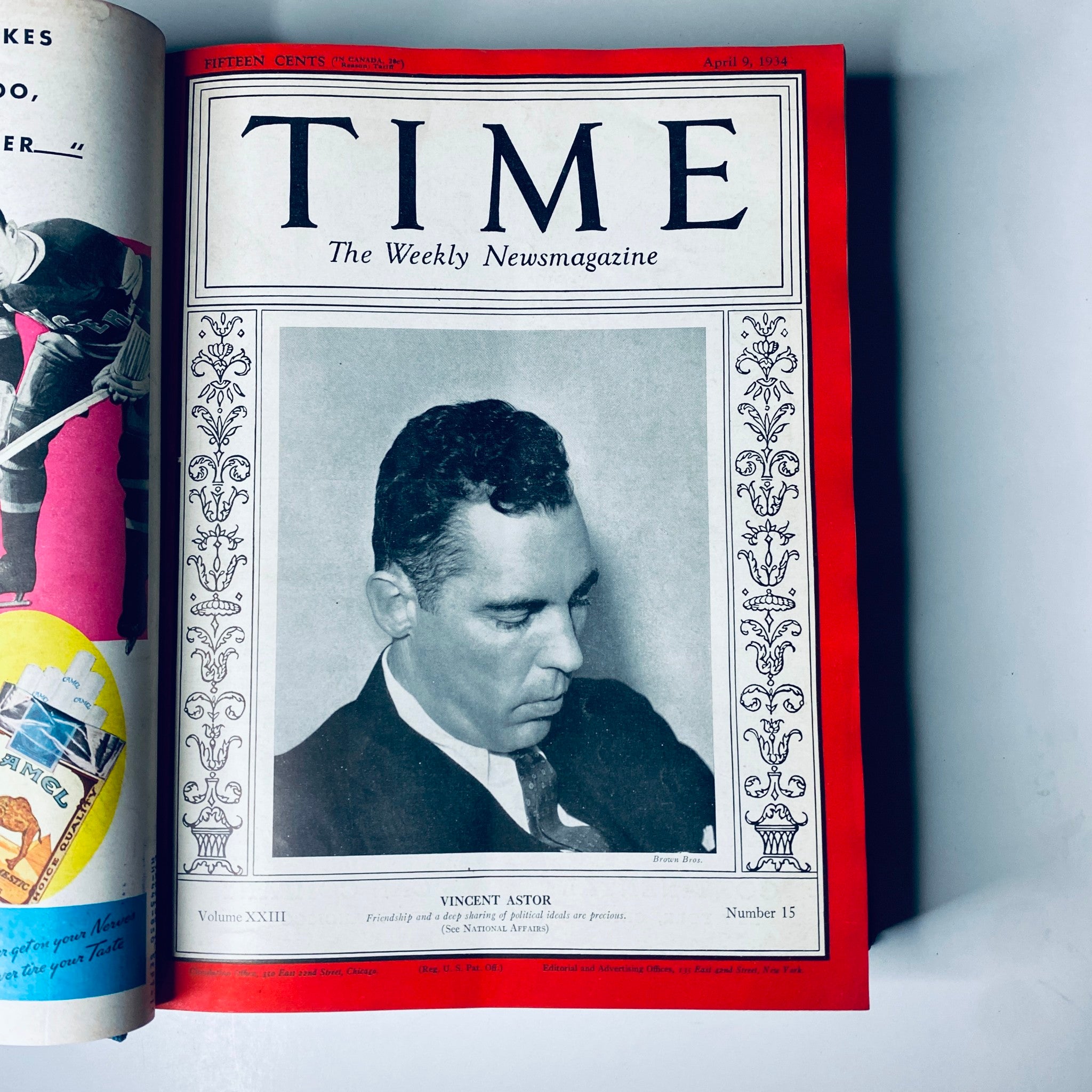 Time Magazine cover featuring Vincent Astor, dated April 9, 1934, showcasing his portrait and the title 'Time Magazine Library Bound April 2- June 25, 1934 Col. Edward Riley Bradley'.