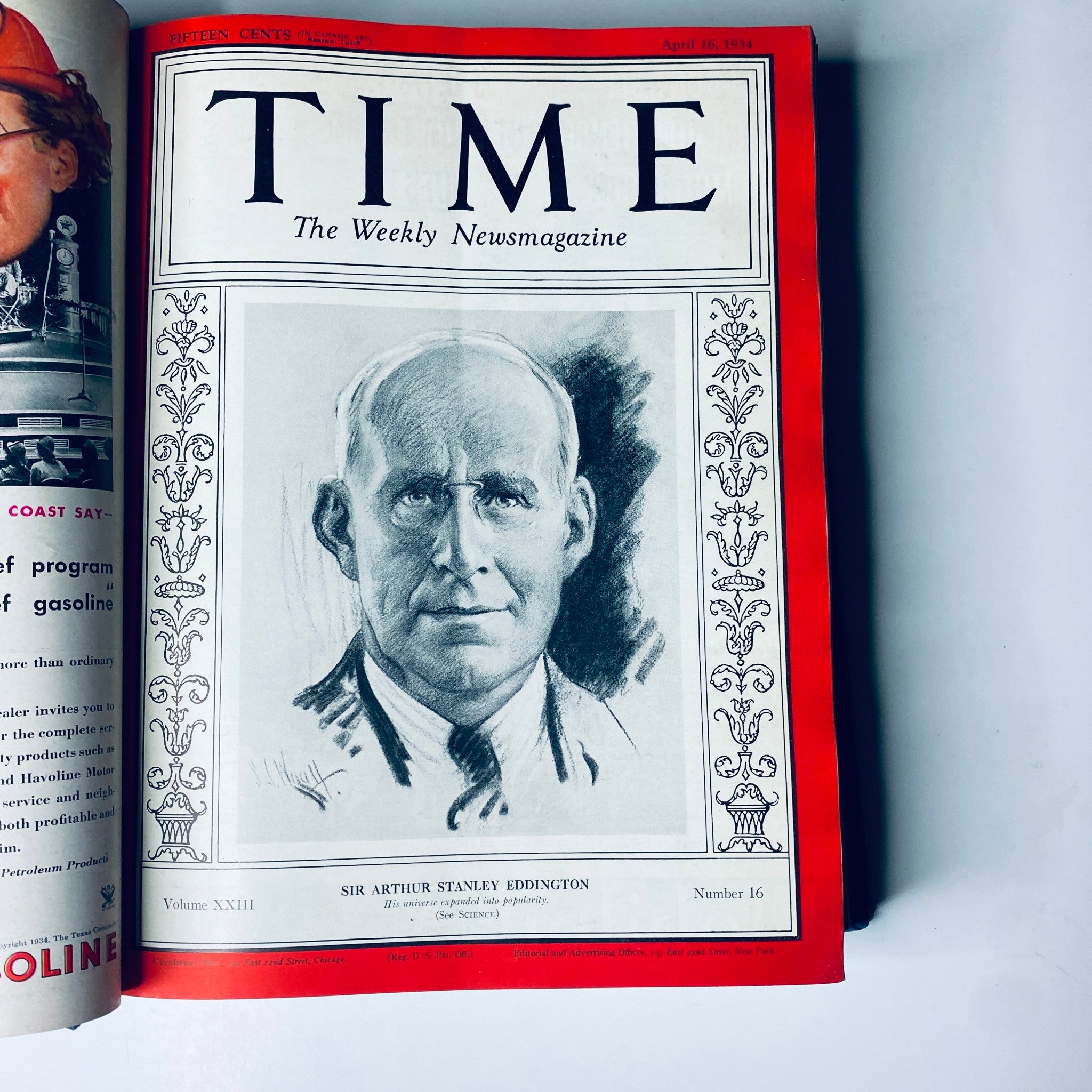 Time Magazine cover featuring Sir Arthur Stanley Eddington, dated April 16, 1934, with his illustrated portrait and the title 'Time Magazine Library Bound April 2- June 25, 1934 Col. Edward Riley Bradley'.