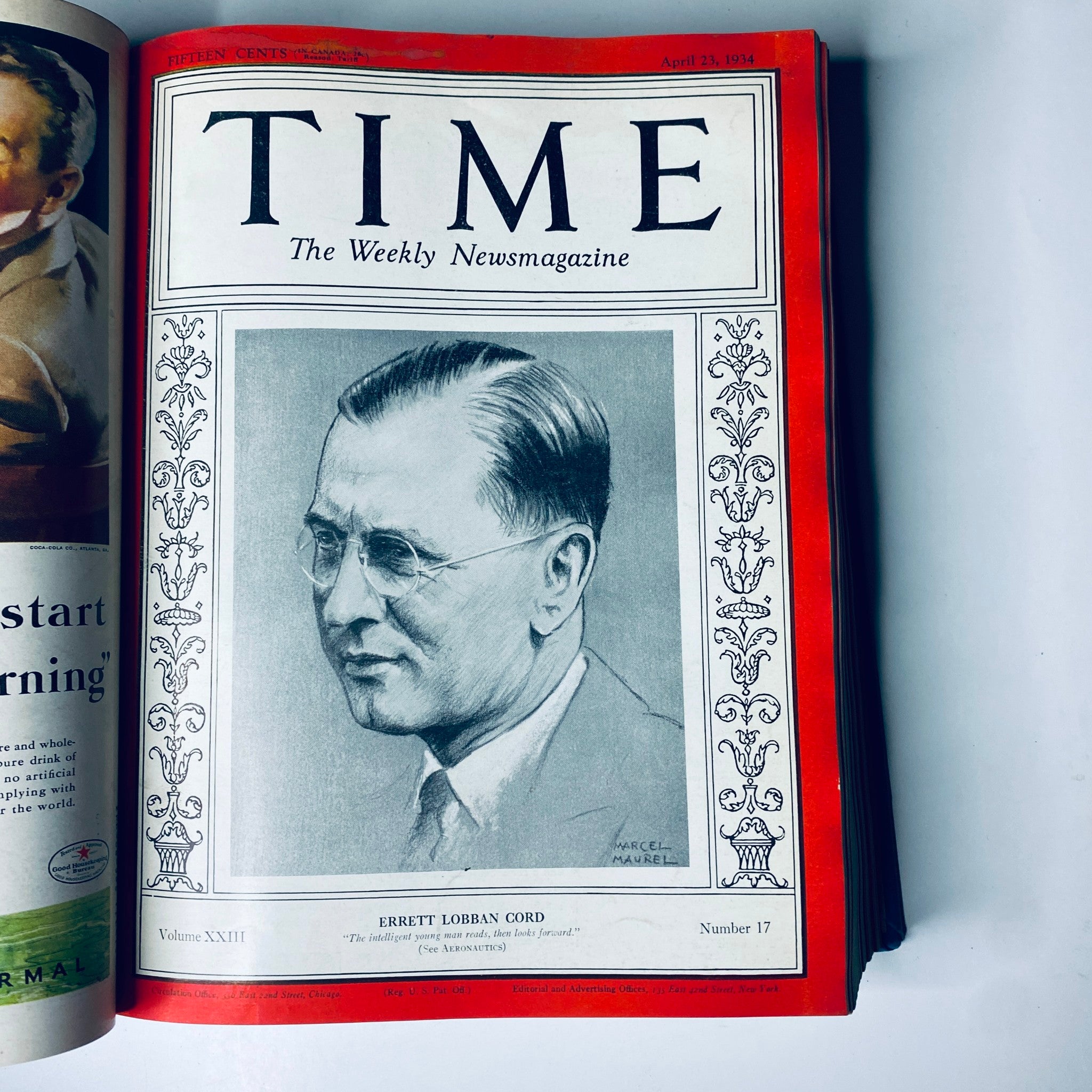 Time Magazine cover featuring Errett Lobban Cord, dated April 23, 1934, displaying his image and the title 'Time Magazine Library Bound April 2- June 25, 1934 Col. Edward Riley Bradley'.