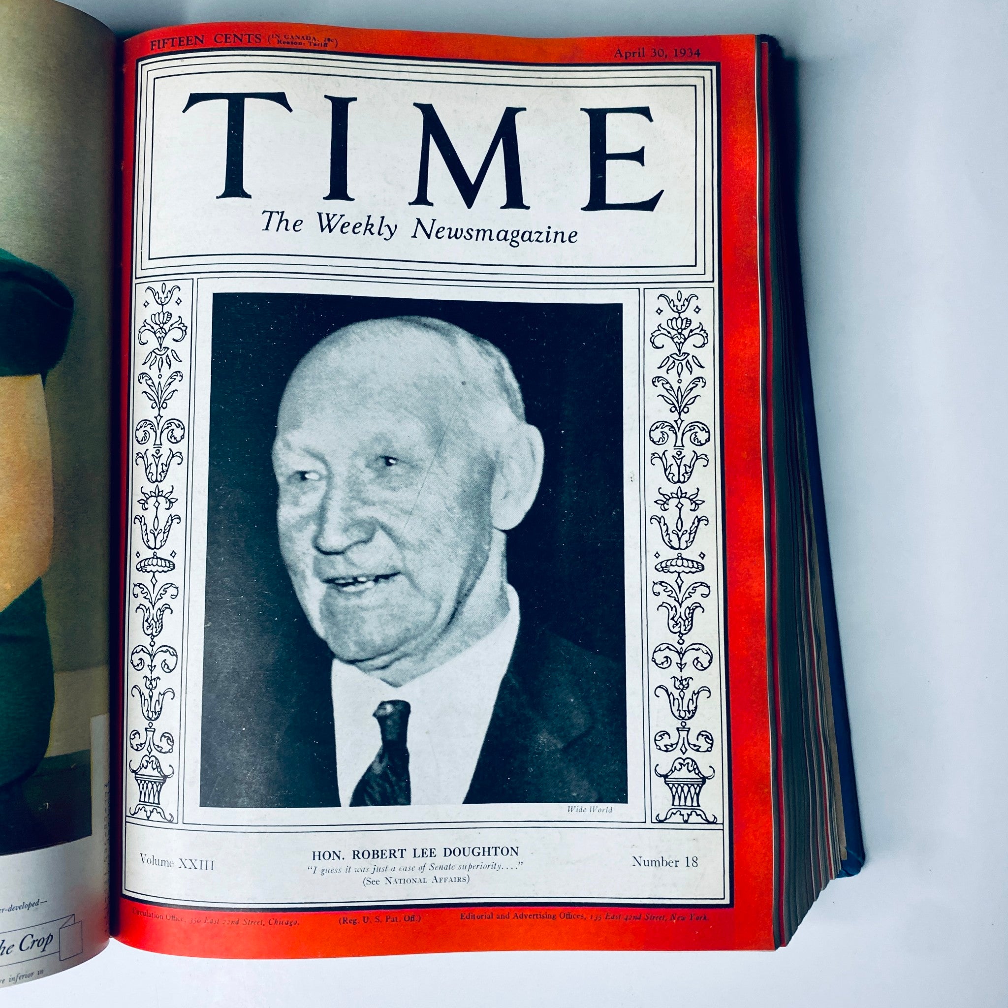 Time Magazine cover featuring Hon. Robert Lee Doughton, dated April 30, 1934, showing his photo and the title 'Time Magazine Library Bound April 2- June 25, 1934 Col. Edward Riley Bradley'.